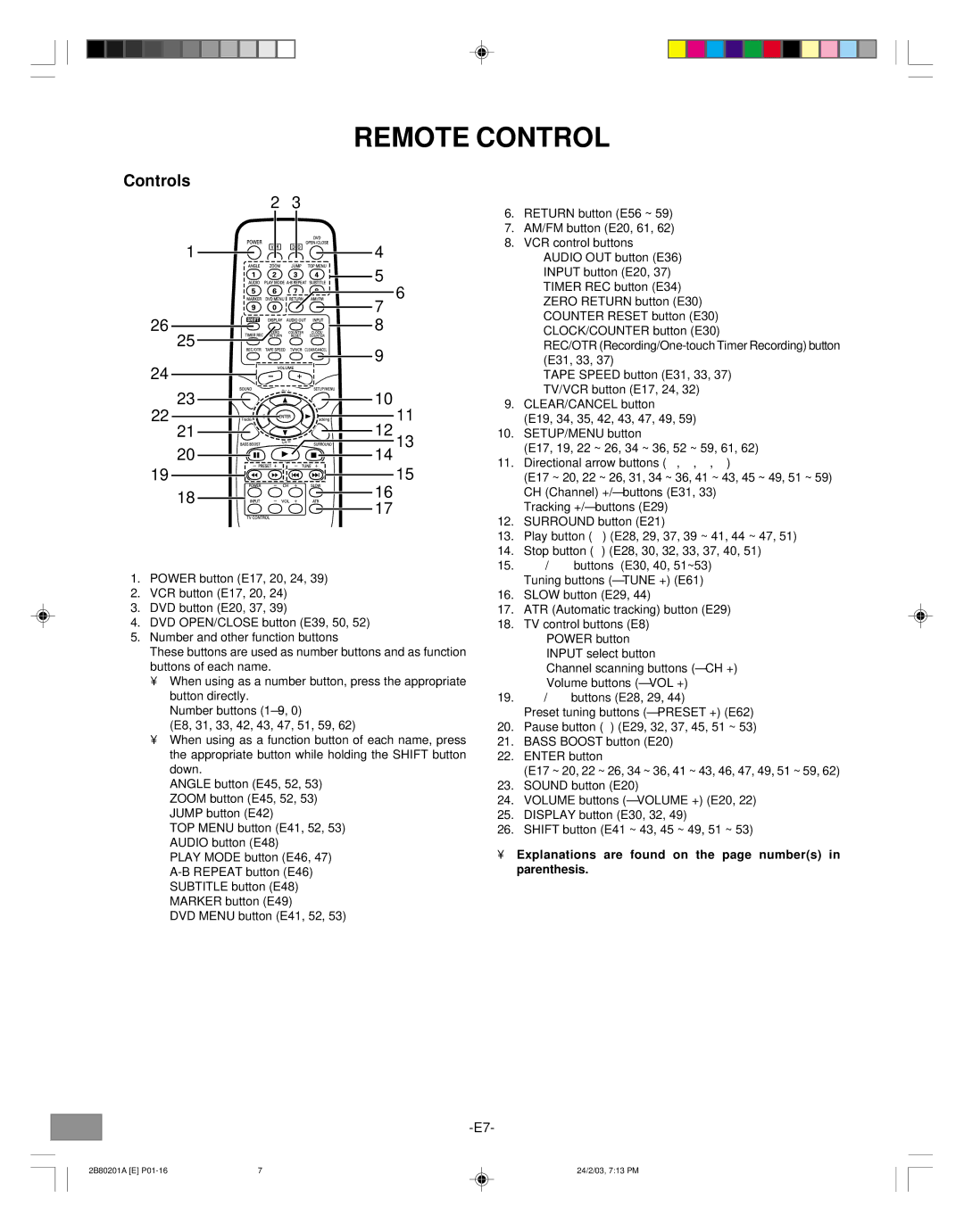 Sanyo DWM-3500 instruction manual Remote Control, Controls, Explanations are found on the page numbers in parenthesis 