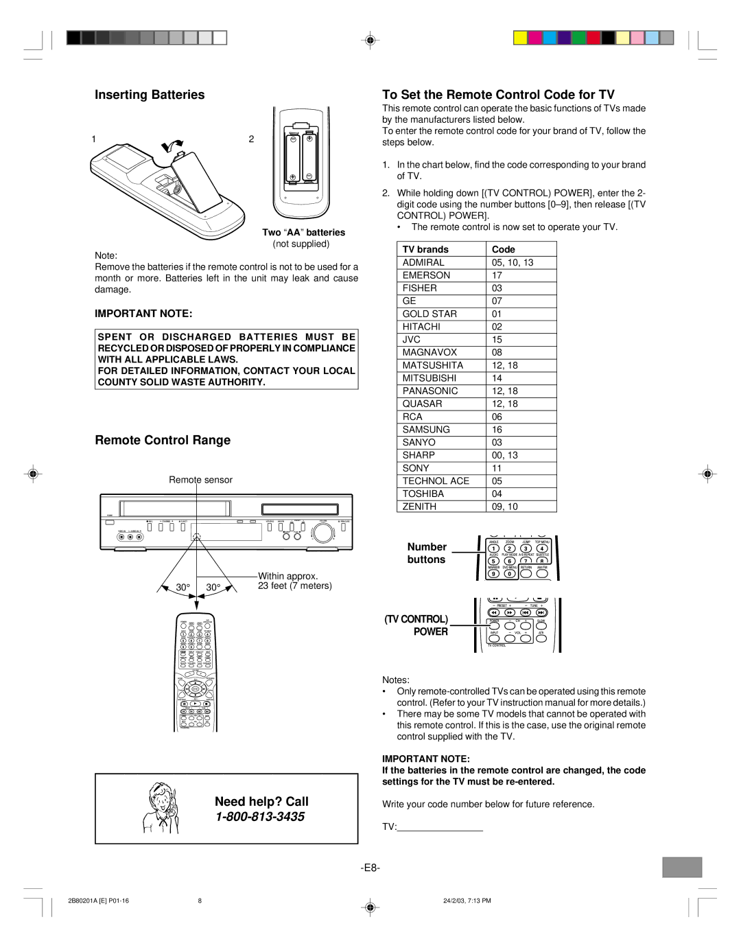 Sanyo DWM-3500 Inserting Batteries, Remote Control Range, To Set the Remote Control Code for TV, Important Note 