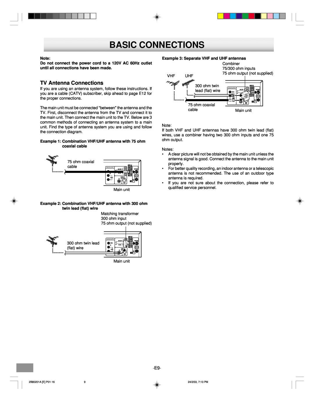 Sanyo DWM-3500 instruction manual Basic Connections, TV Antenna Connections, Example 3 Separate VHF and UHF antennas 