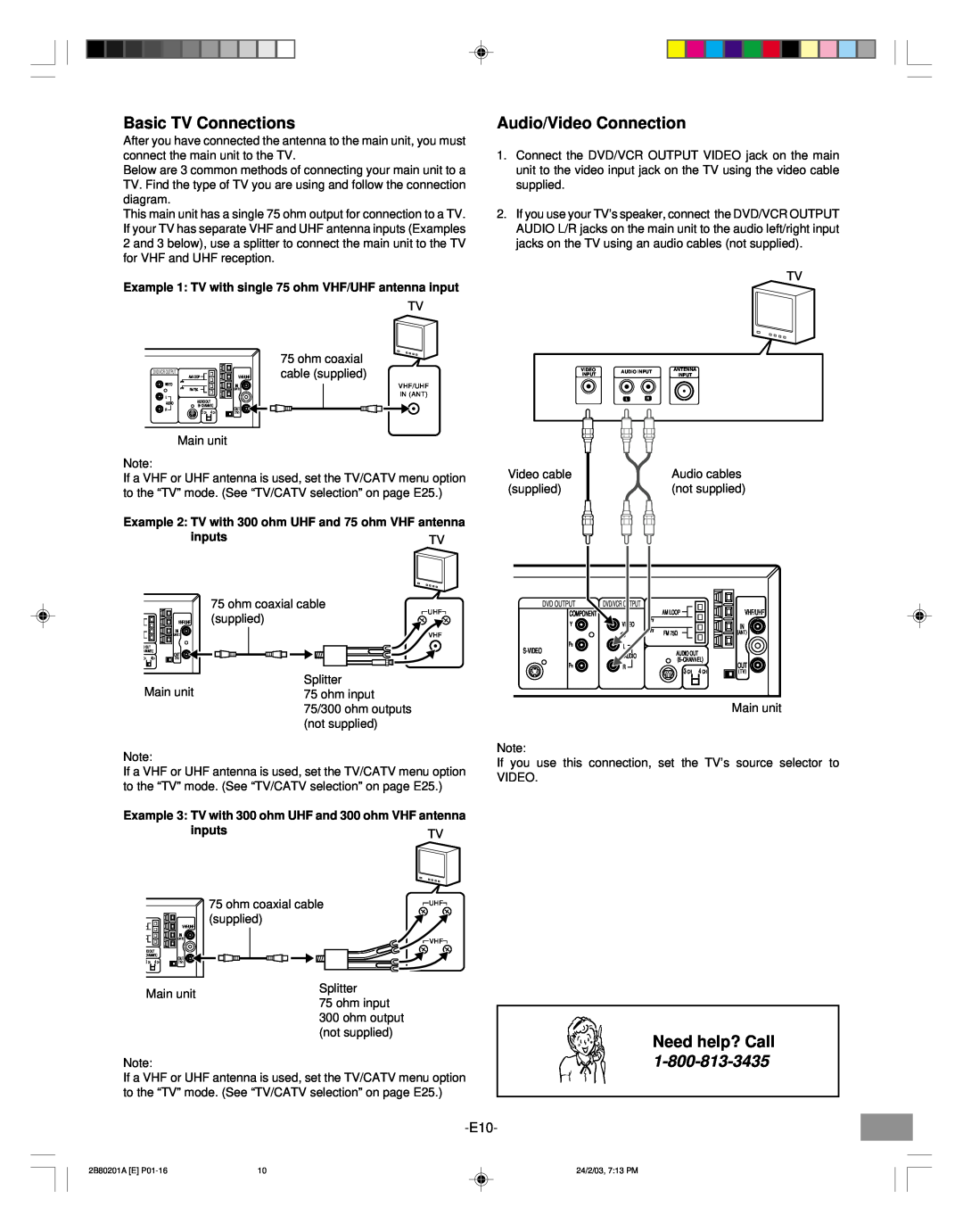 Sanyo DWM-3500 instruction manual Basic TV Connections, Audio/Video Connection, Need help? Call, inputs 