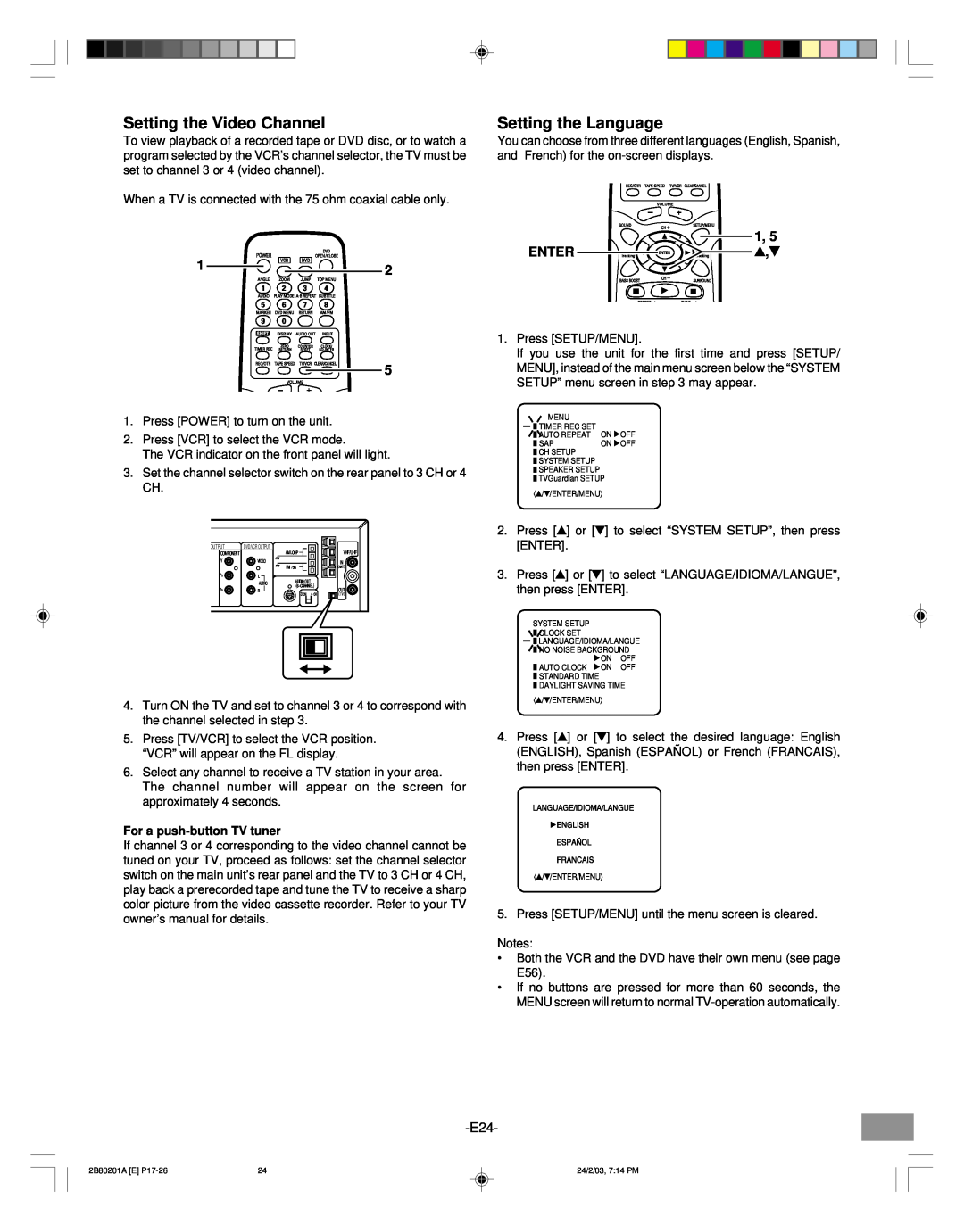 Sanyo DWM-3500 instruction manual Setting the Video Channel, Setting the Language, Enter, For a push-buttonTV tuner 