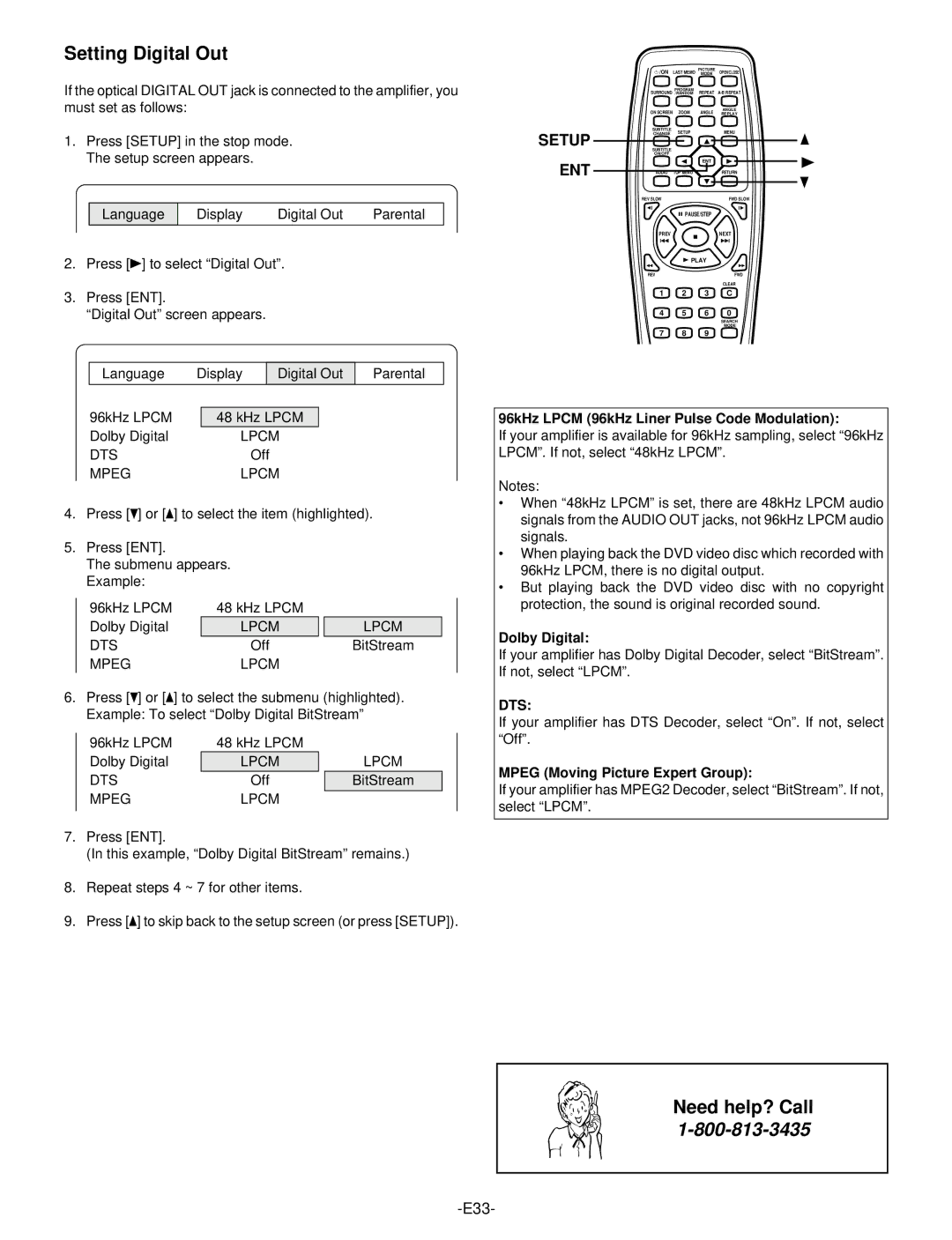 Sanyo DWM-390 instruction manual Setting Digital Out, 96kHz Lpcm 96kHz Liner Pulse Code Modulation, Dolby Digital 