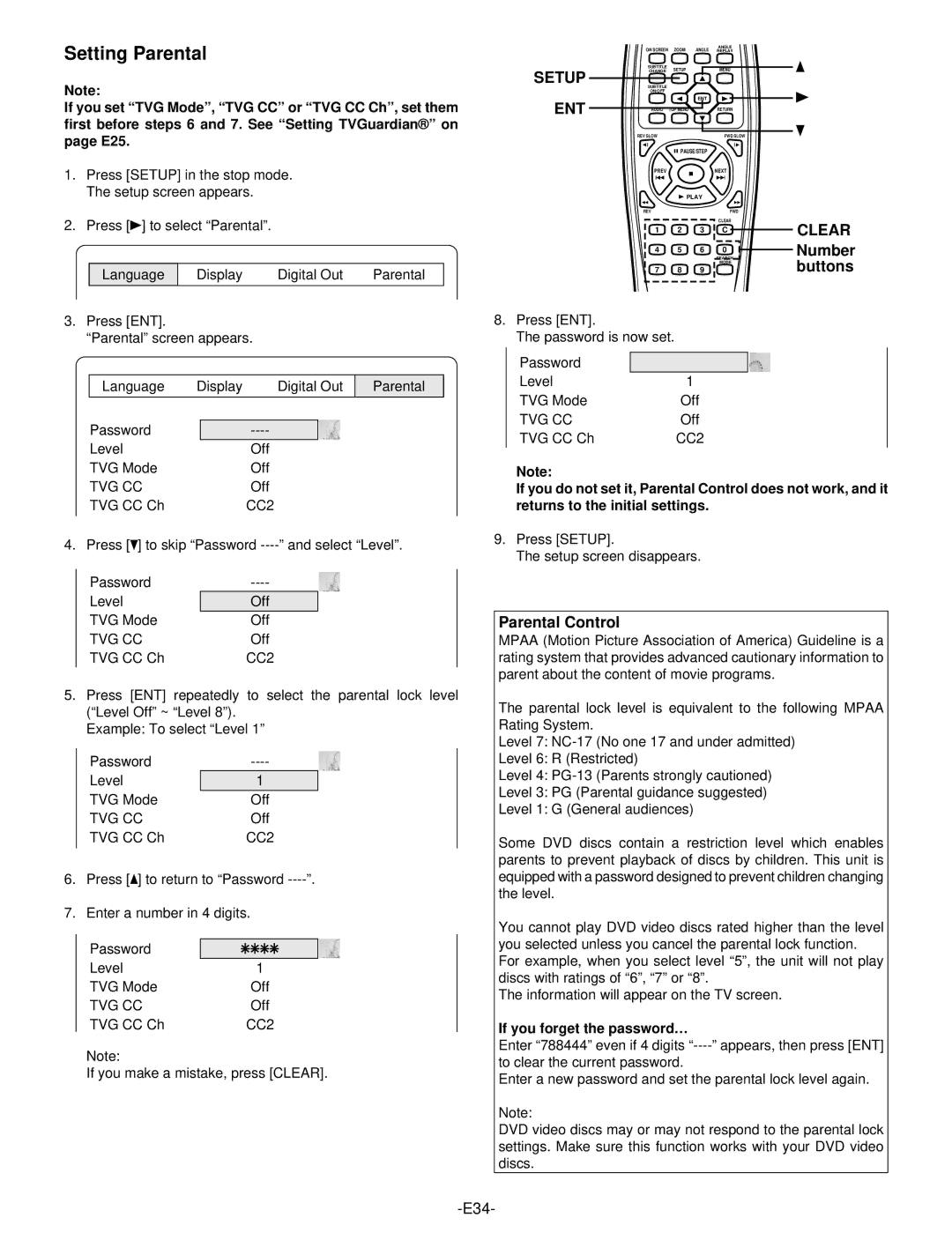 Sanyo DWM-390 instruction manual Setting Parental, Parental Control, If you forget the password… 