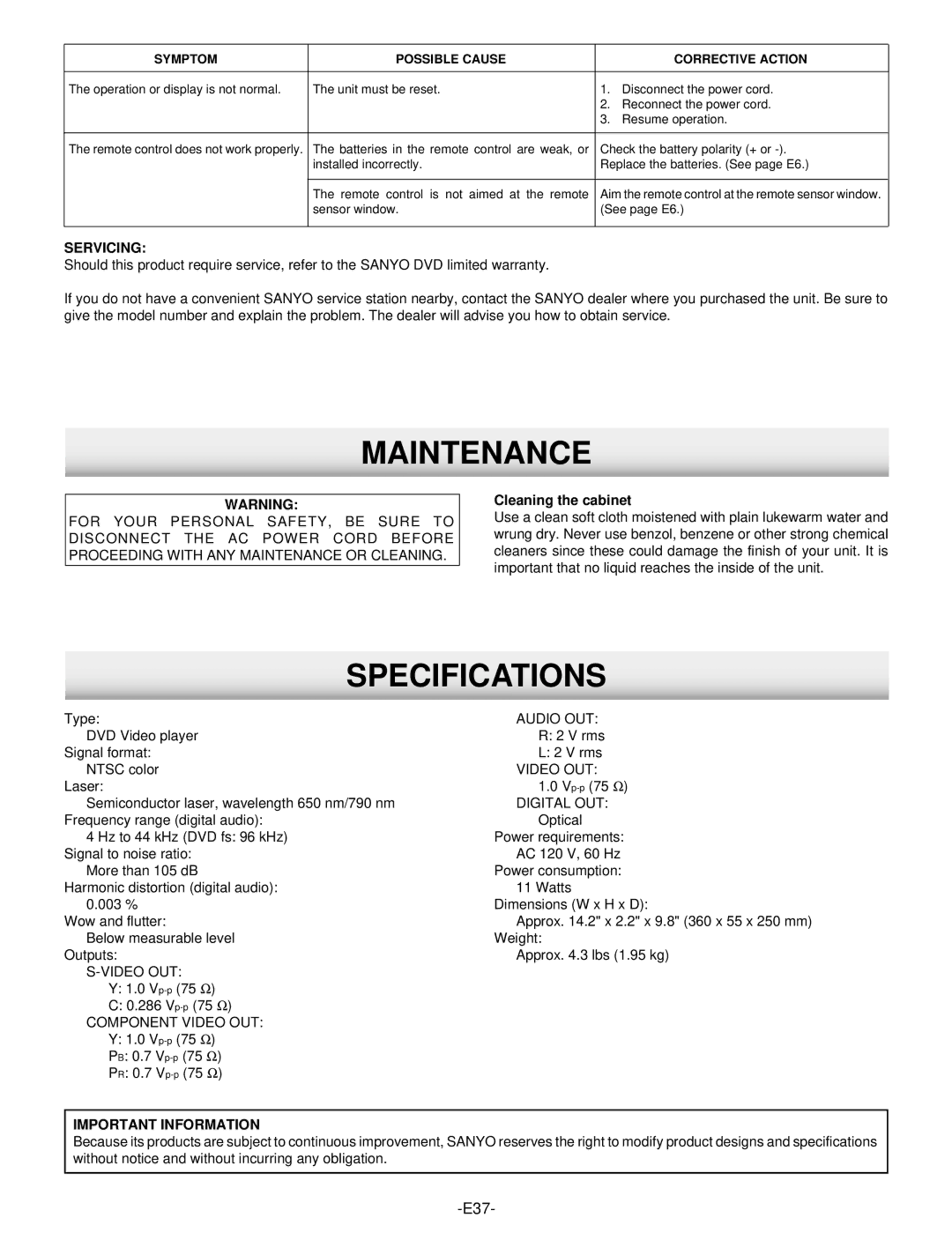 Sanyo DWM-390 instruction manual Maintenance, Specifications, Cleaning the cabinet 