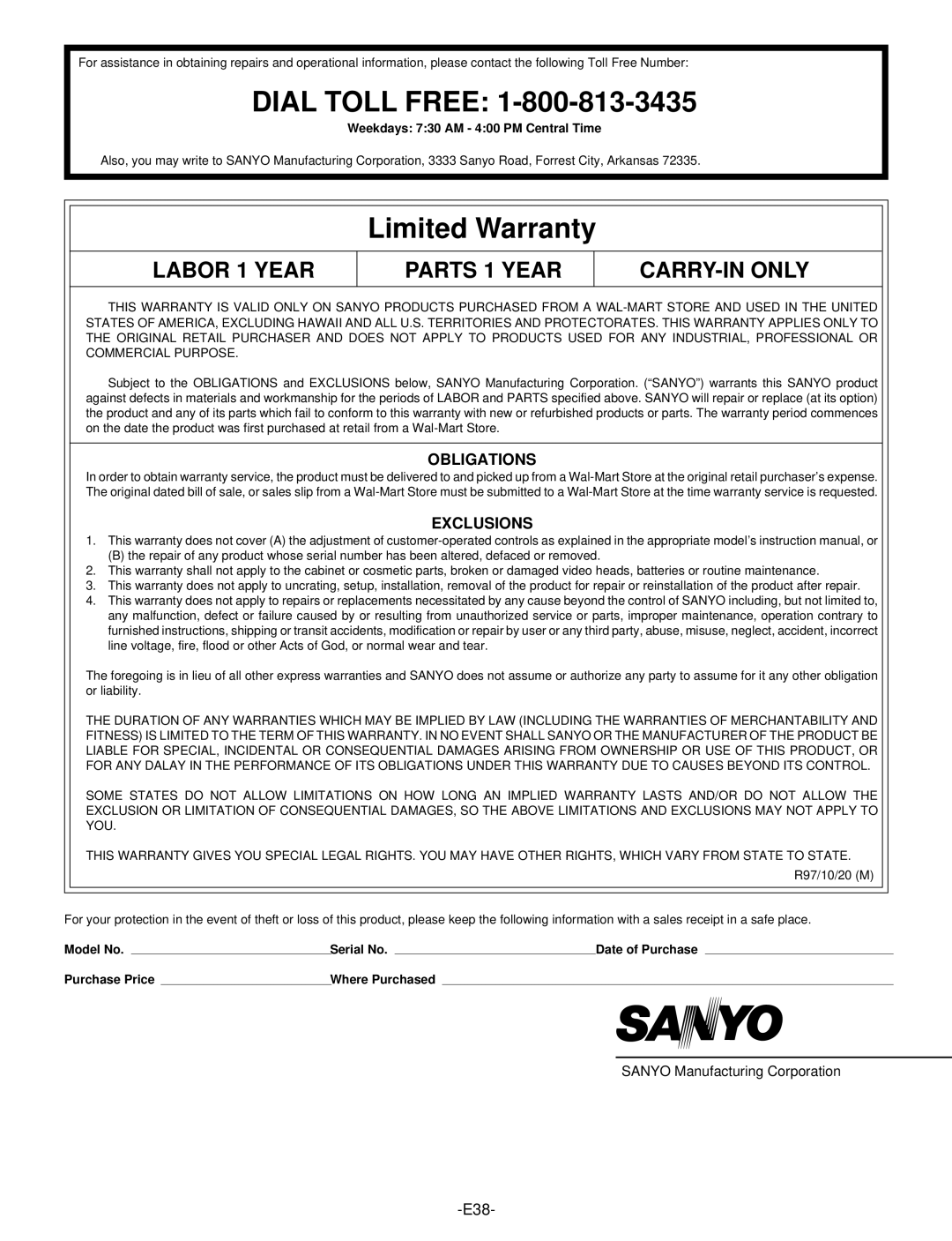 Sanyo DWM-390 instruction manual Obligations, Exclusions, Sanyo Manufacturing Corporation 