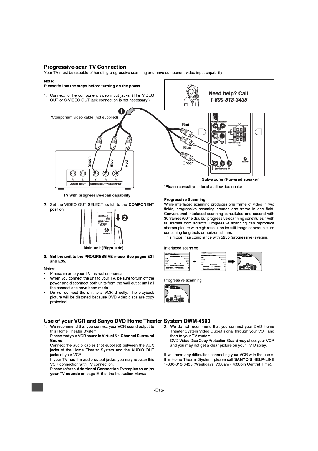Sanyo DWM-4500 instruction manual Progressive-scanTV Connection, TV with progressive-scancapability, Main unit Right side 