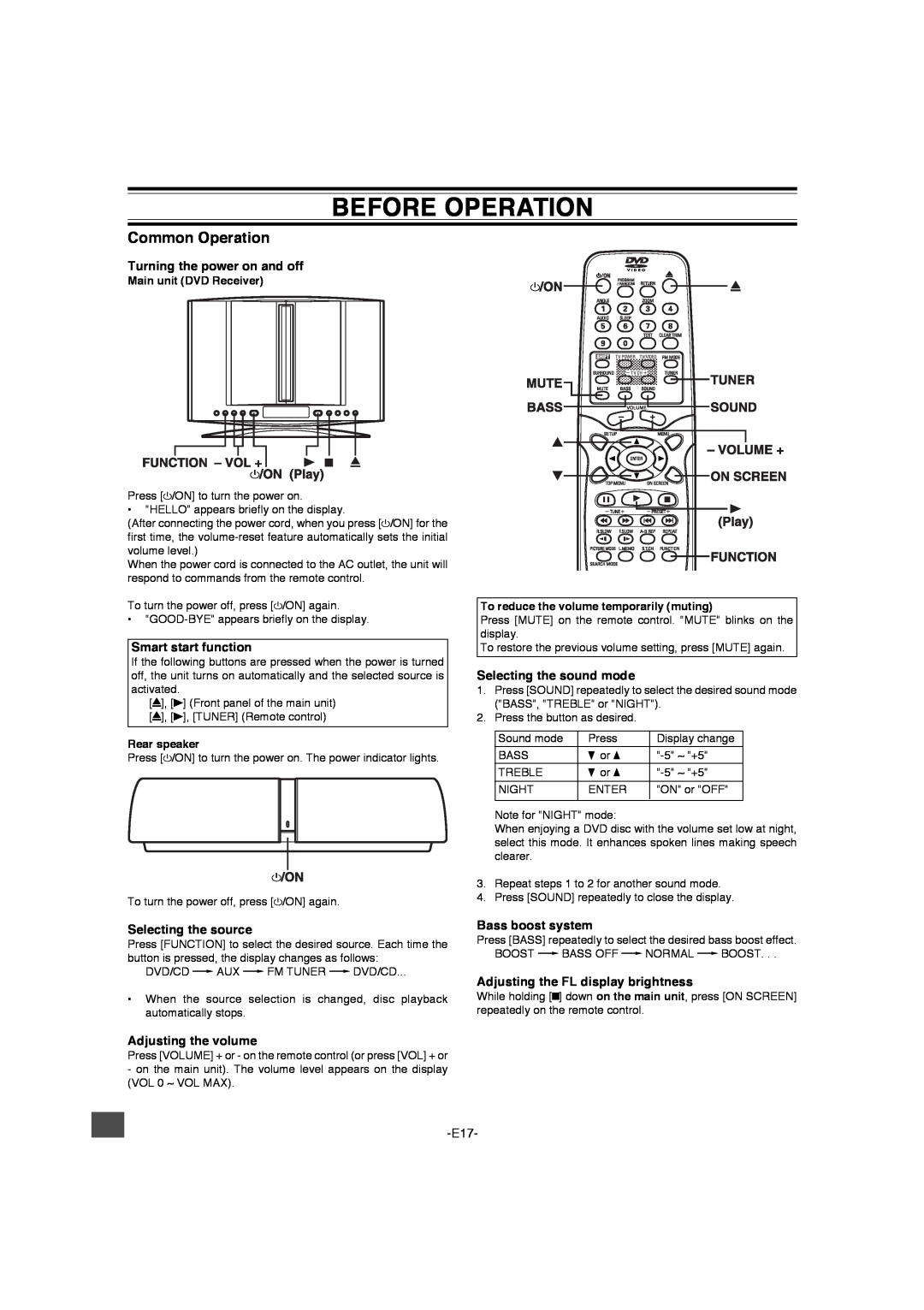 Sanyo DWM-4500 instruction manual Before Operation, Common Operation, Main unit DVD Receiver, Rear speaker 