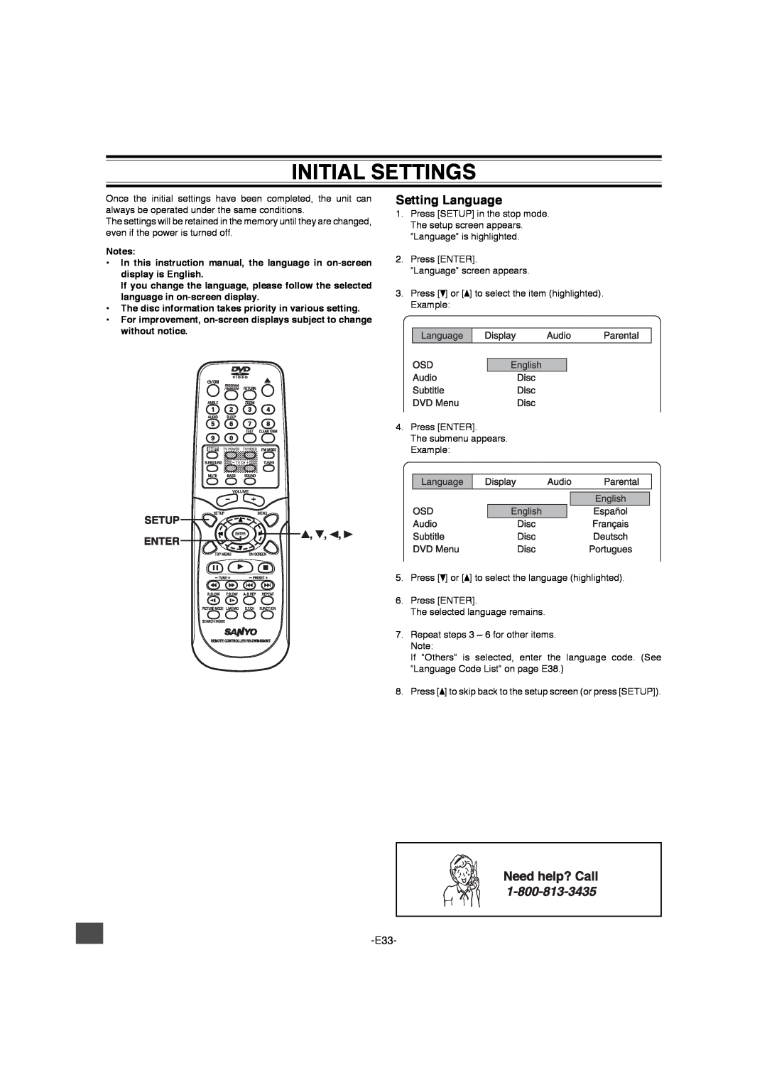 Sanyo DWM-4500 instruction manual Initial Settings, Setting Language 