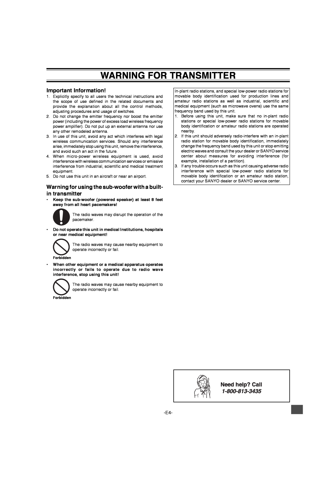 Sanyo DWM-4500 instruction manual Warning For Transmitter, Important Information 