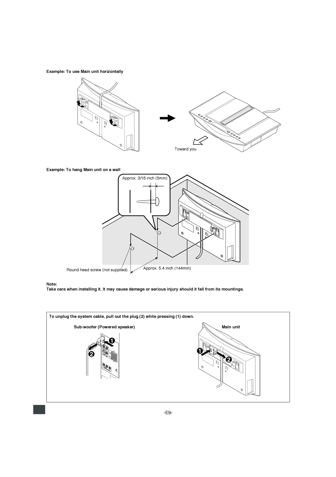 Sanyo DWM-4500 instruction manual Example To use Main unit horizontally, Example To hang Main unit on a wall 