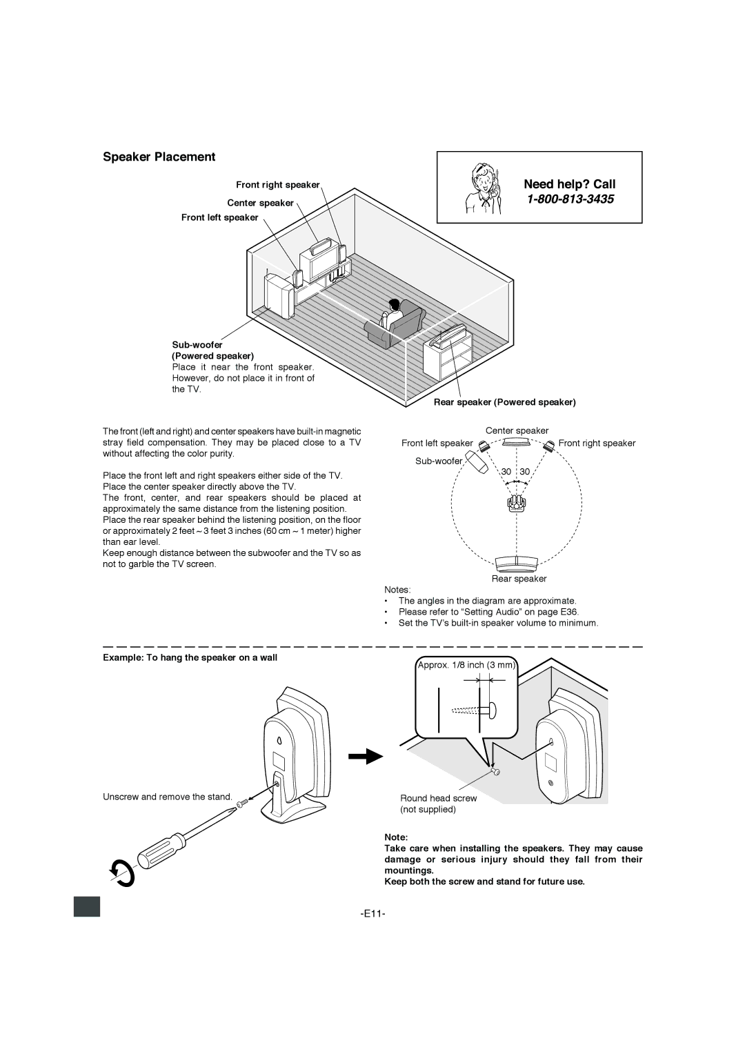 Sanyo DWM-4500 instruction manual Speaker Placement, Example To hang the speaker on a wall 