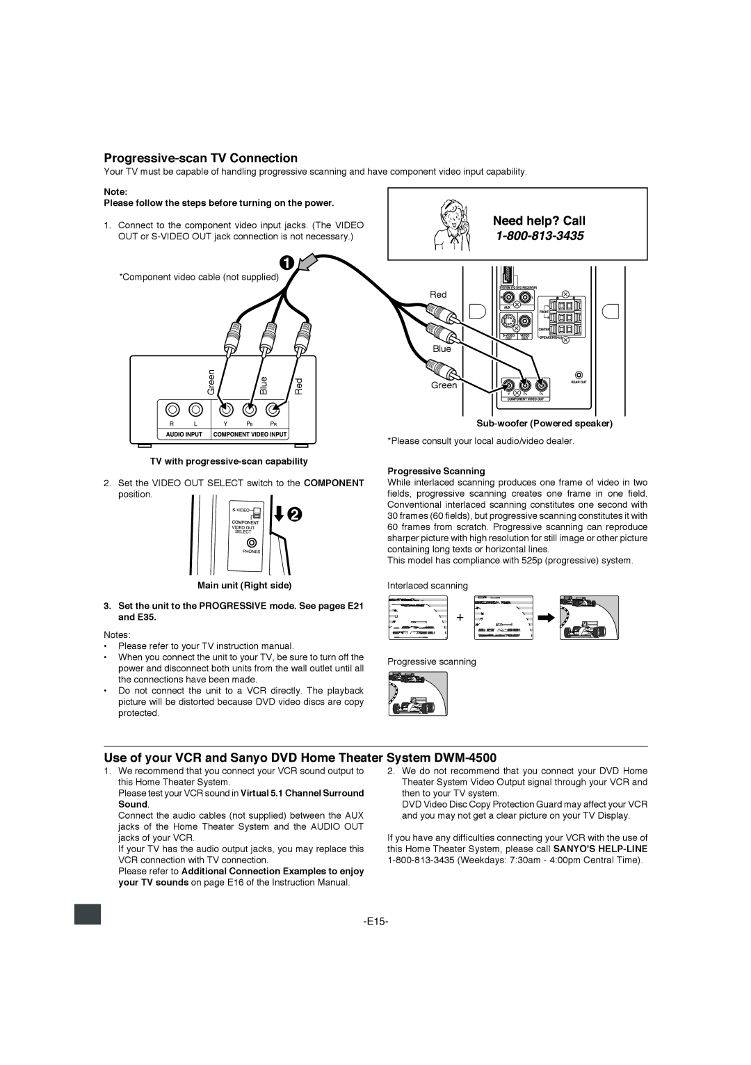 Sanyo Progressive-scan TV Connection, Use of your VCR and Sanyo DVD Home Theater System DWM-4500, Progressive Scanning 