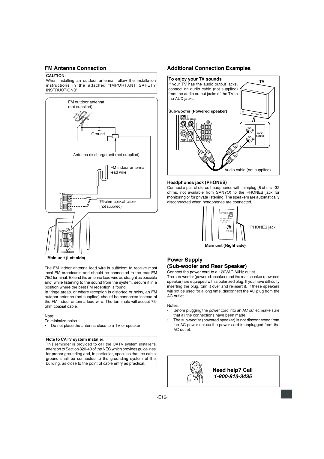 Sanyo DWM-4500 FM Antenna Connection, Additional Connection Examples, Power Supply Sub-woofer and Rear Speaker 