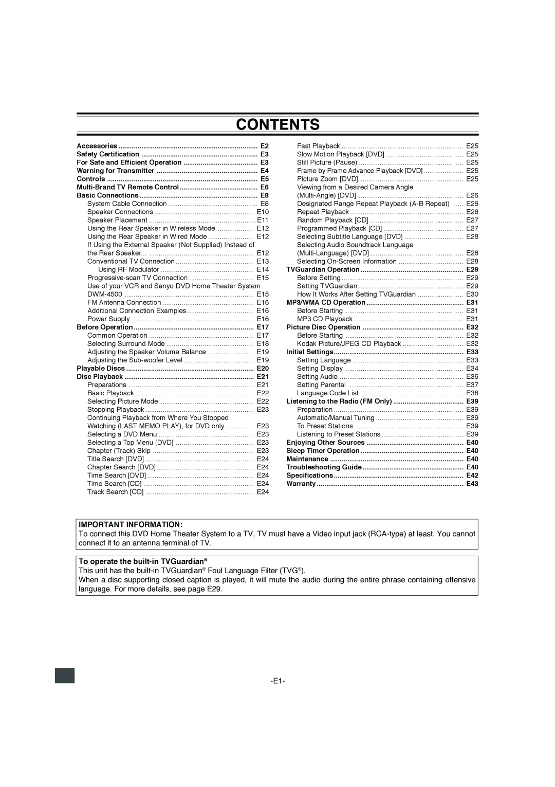 Sanyo DWM-4500 instruction manual Contents 