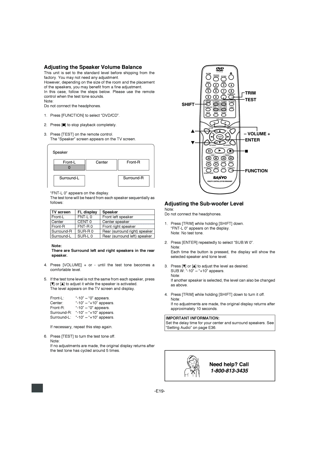 Sanyo DWM-4500 Adjusting the Speaker Volume Balance, Adjusting the Sub-woofer Level, TV screen FL display Speaker 