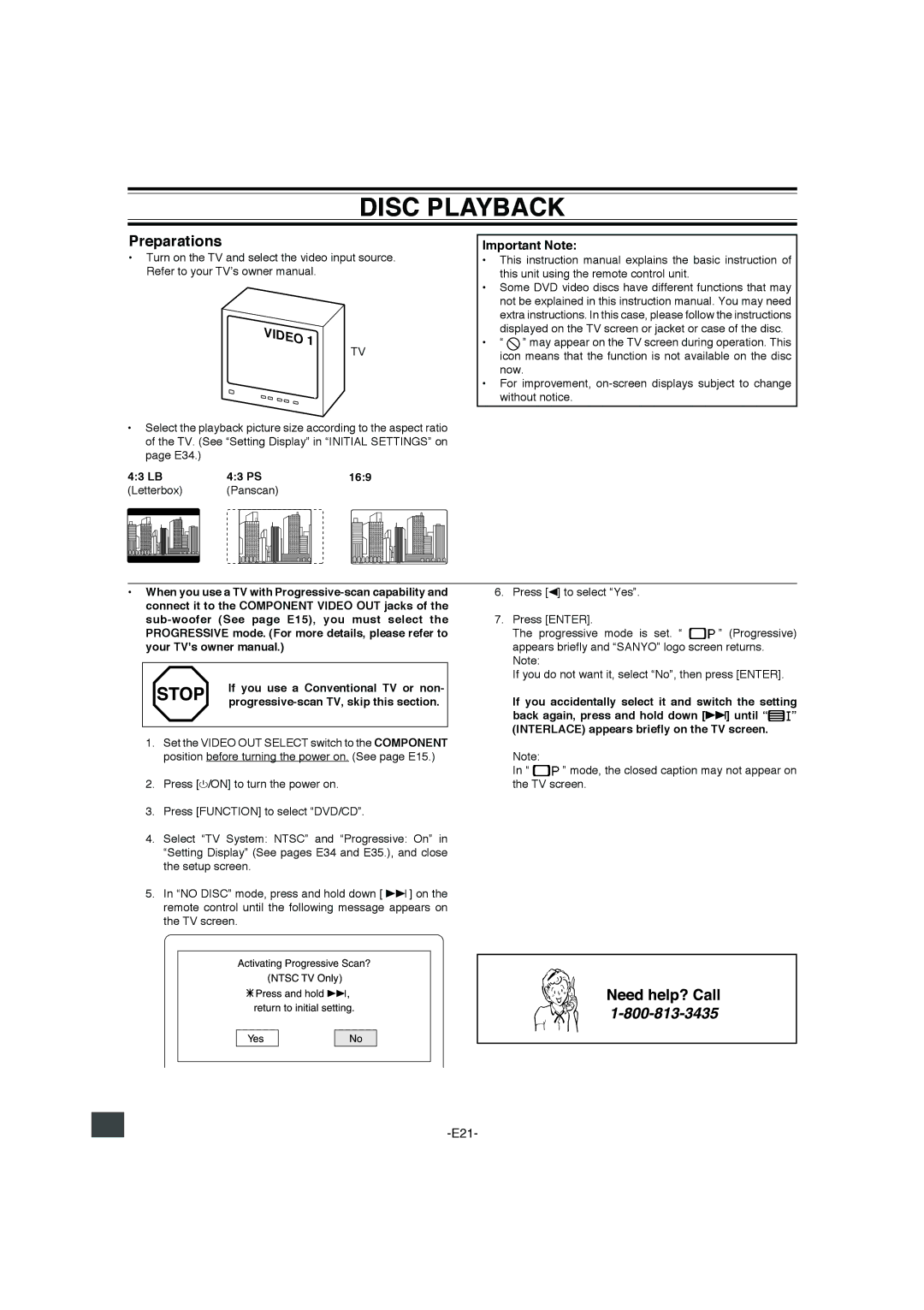 Sanyo DWM-4500 instruction manual Disc Playback, Preparations, Important Note, 43 LB 43 PS 169 Letterbox 