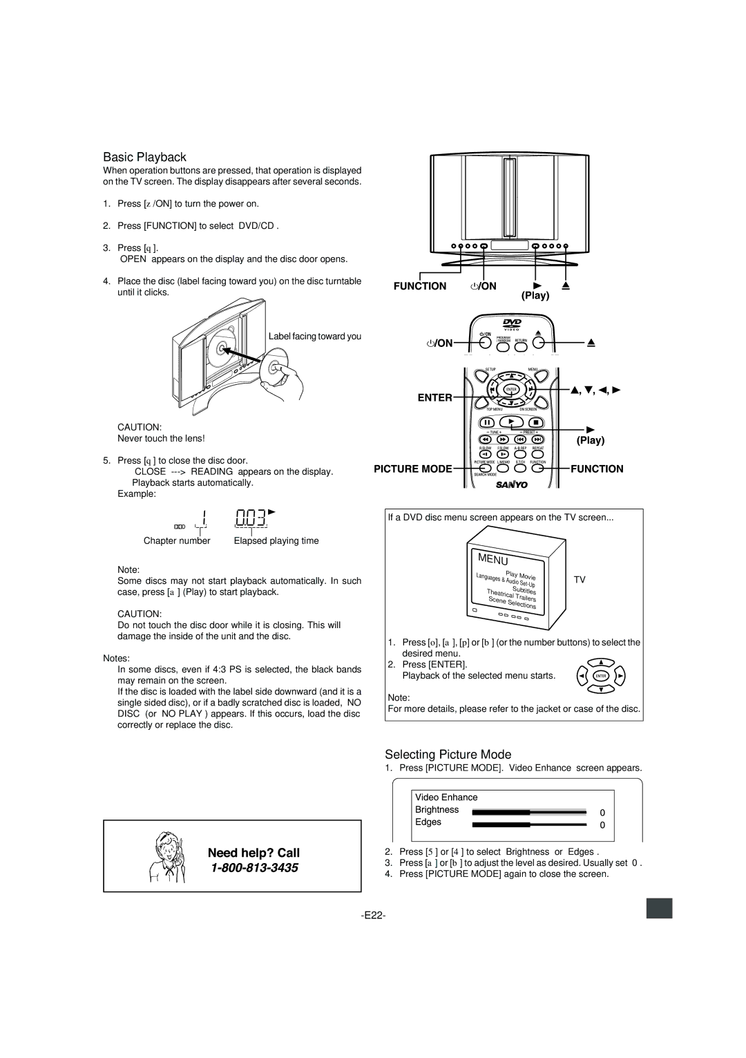 Sanyo DWM-4500 instruction manual Basic Playback, Selecting Picture Mode, Menu, Never touch the lens 