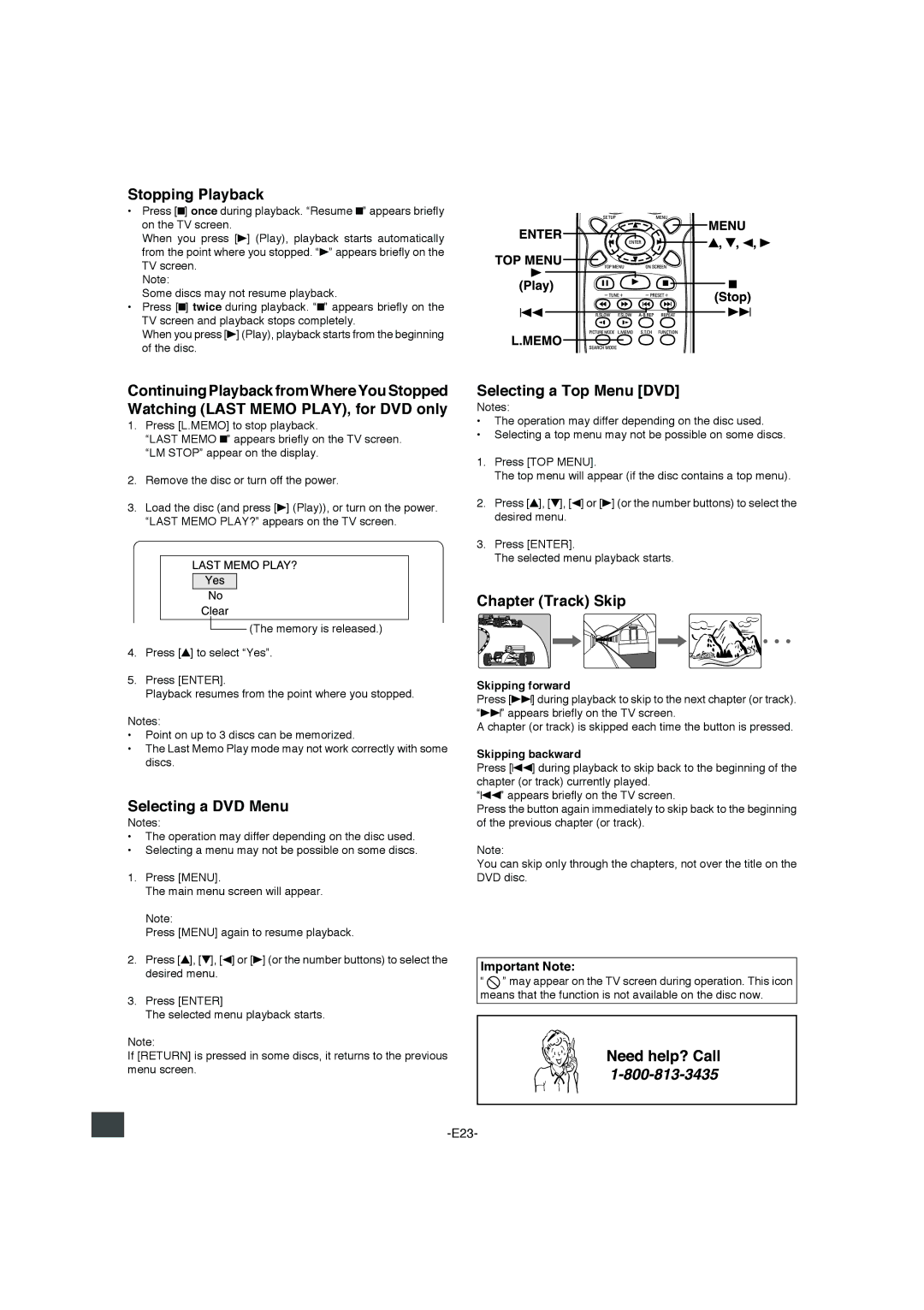 Sanyo DWM-4500 instruction manual Stopping Playback, Selecting a Top Menu DVD, Selecting a DVD Menu, Chapter Track Skip 