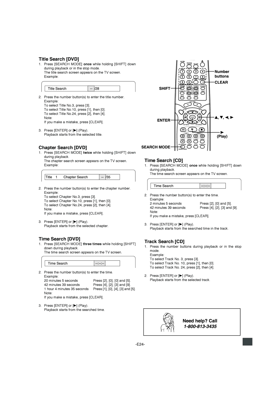 Sanyo DWM-4500 instruction manual Title Search DVD, Chapter Search DVD, Time Search DVD, Time Search CD, Track Search CD 