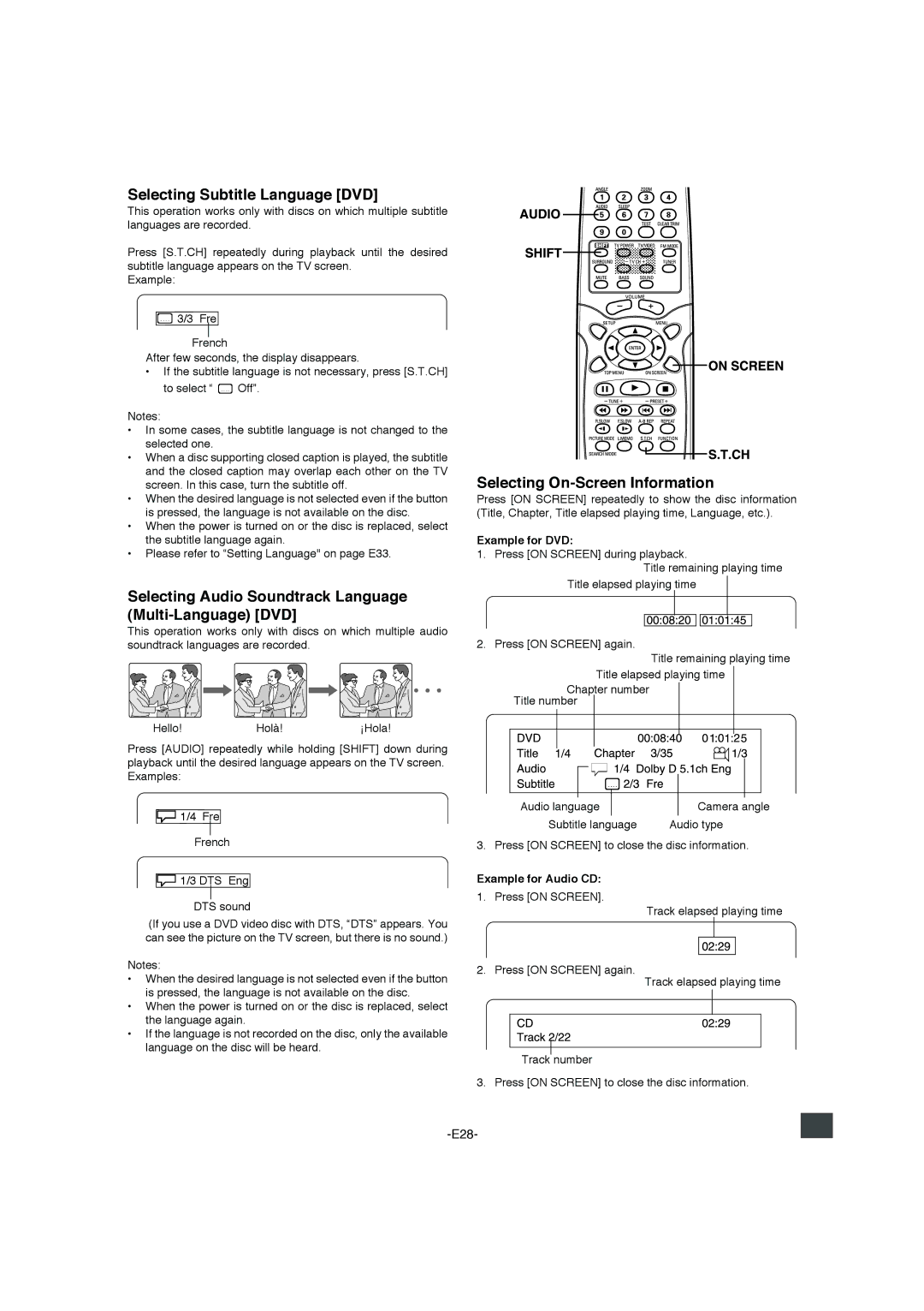 Sanyo DWM-4500 Selecting Subtitle Language DVD, Selecting Audio Soundtrack Language Multi-Language DVD, Example for DVD 