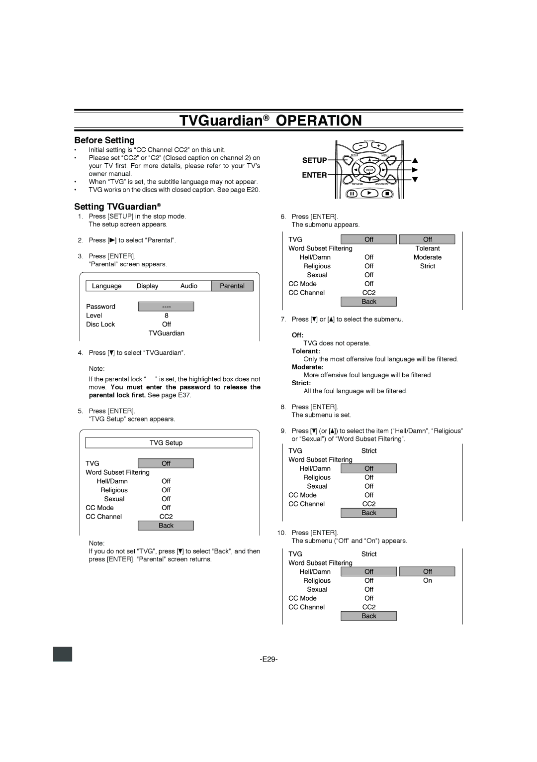 Sanyo DWM-4500 instruction manual Before Setting, Setting TVGuardian 