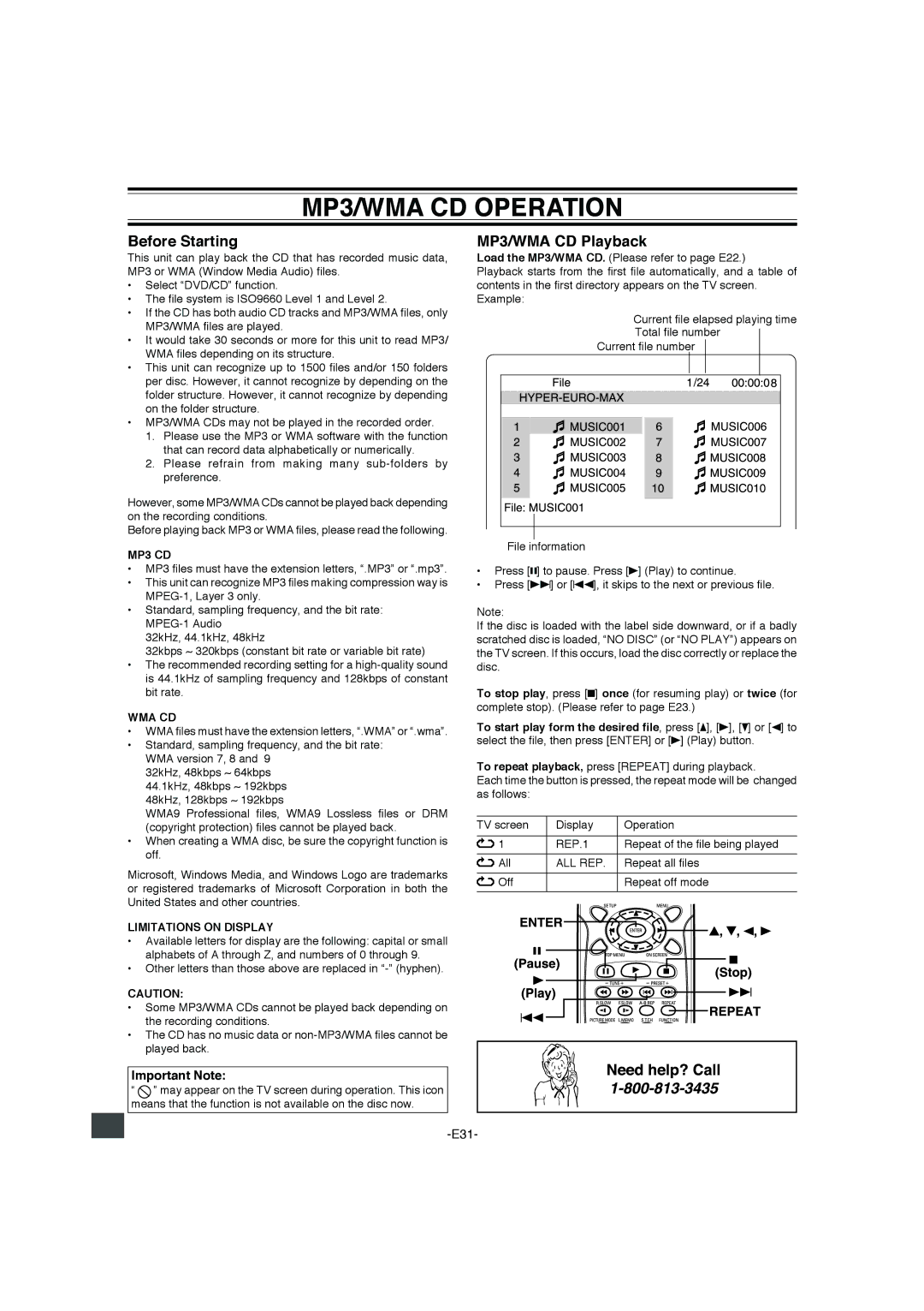 Sanyo DWM-4500 instruction manual MP3/WMA CD Operation, Before Starting, MP3/WMA CD Playback 