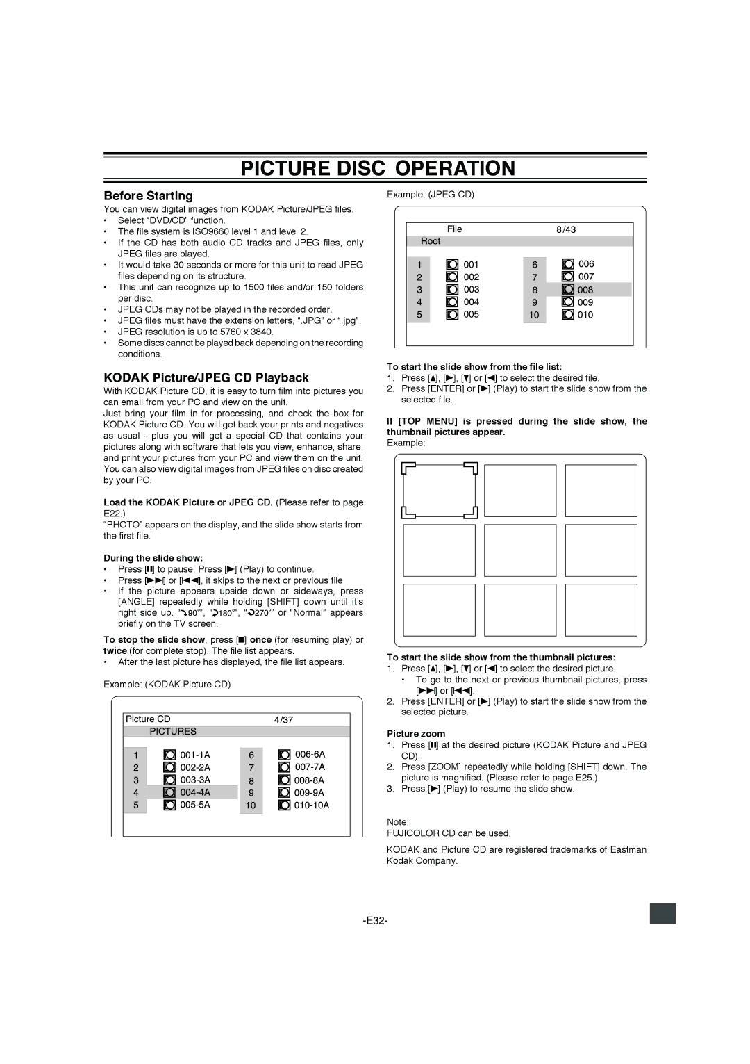 Sanyo DWM-4500 instruction manual Picture Disc Operation, Kodak Picture/JPEG CD Playback 