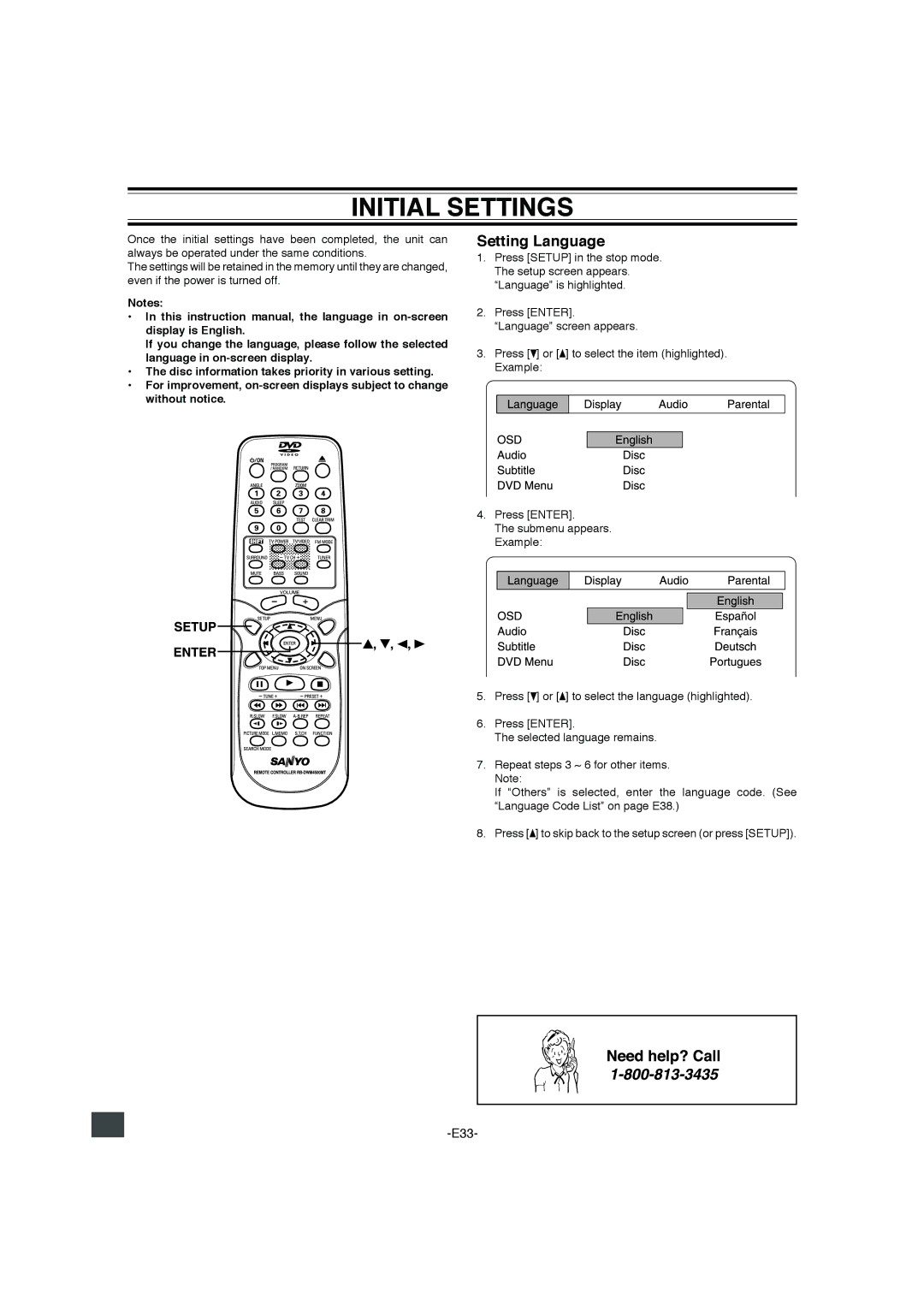 Sanyo DWM-4500 instruction manual Initial Settings, Setting Language 