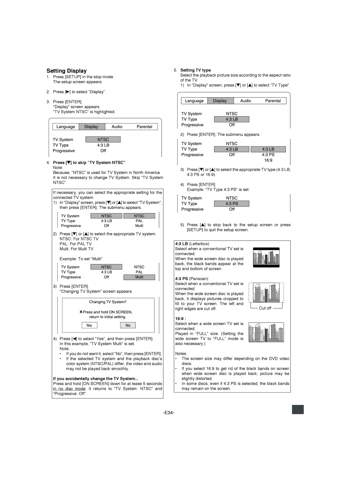 Sanyo DWM-4500 Setting Display, Press 5 to skip TV System Ntsc, Setting TV type, If you accidentally change the TV System 