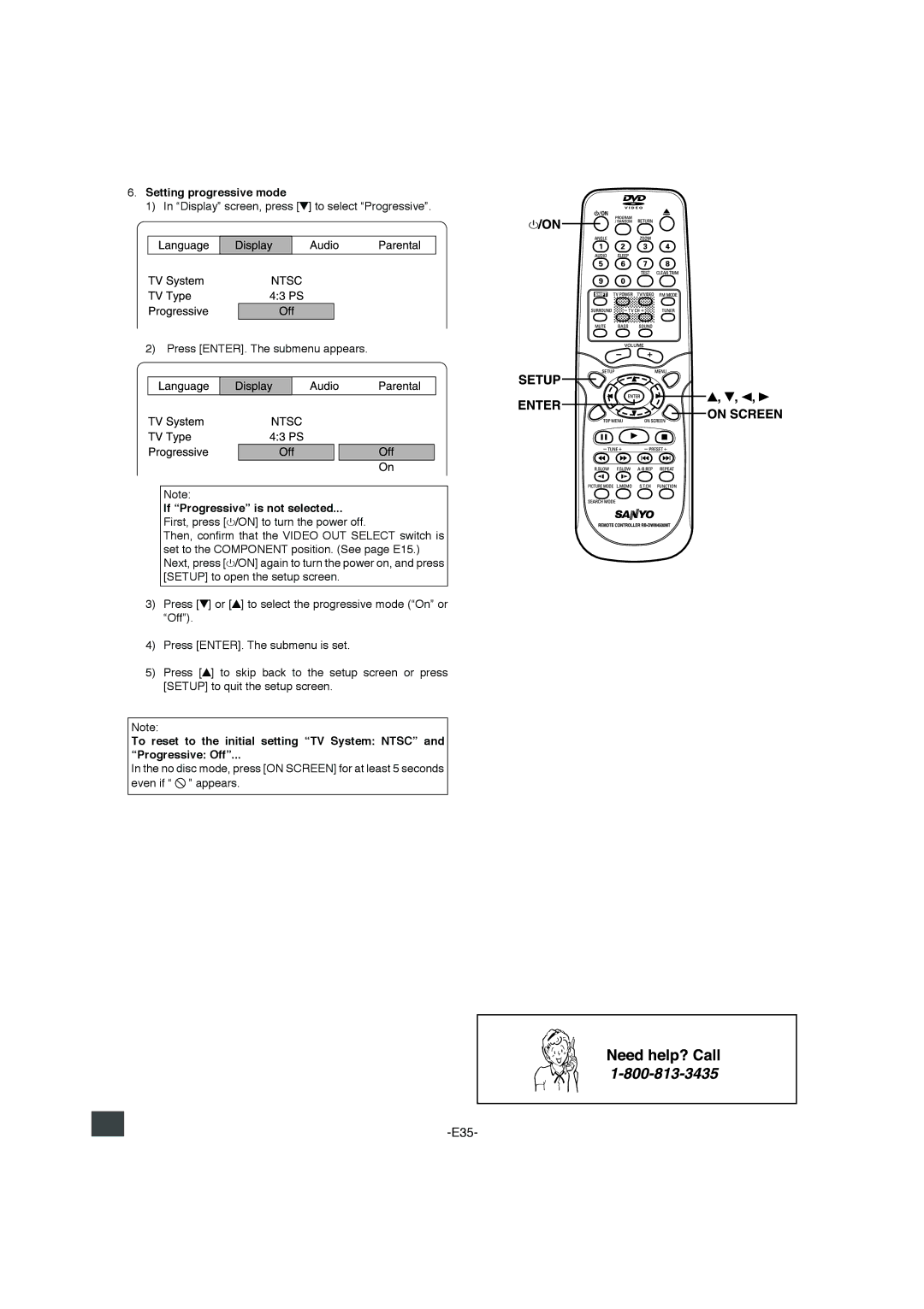 Sanyo DWM-4500 instruction manual Setting progressive mode, If Progressive is not selected 