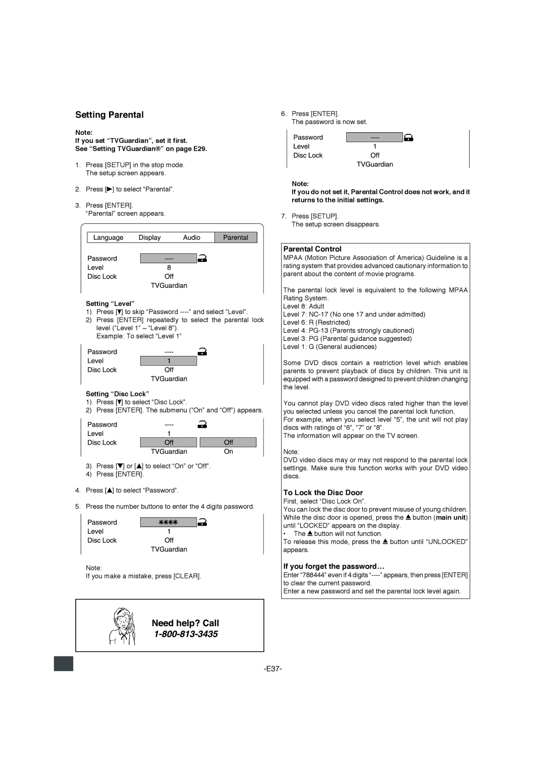 Sanyo DWM-4500 instruction manual Setting Parental, Parental Control, To Lock the Disc Door, If you forget the password… 