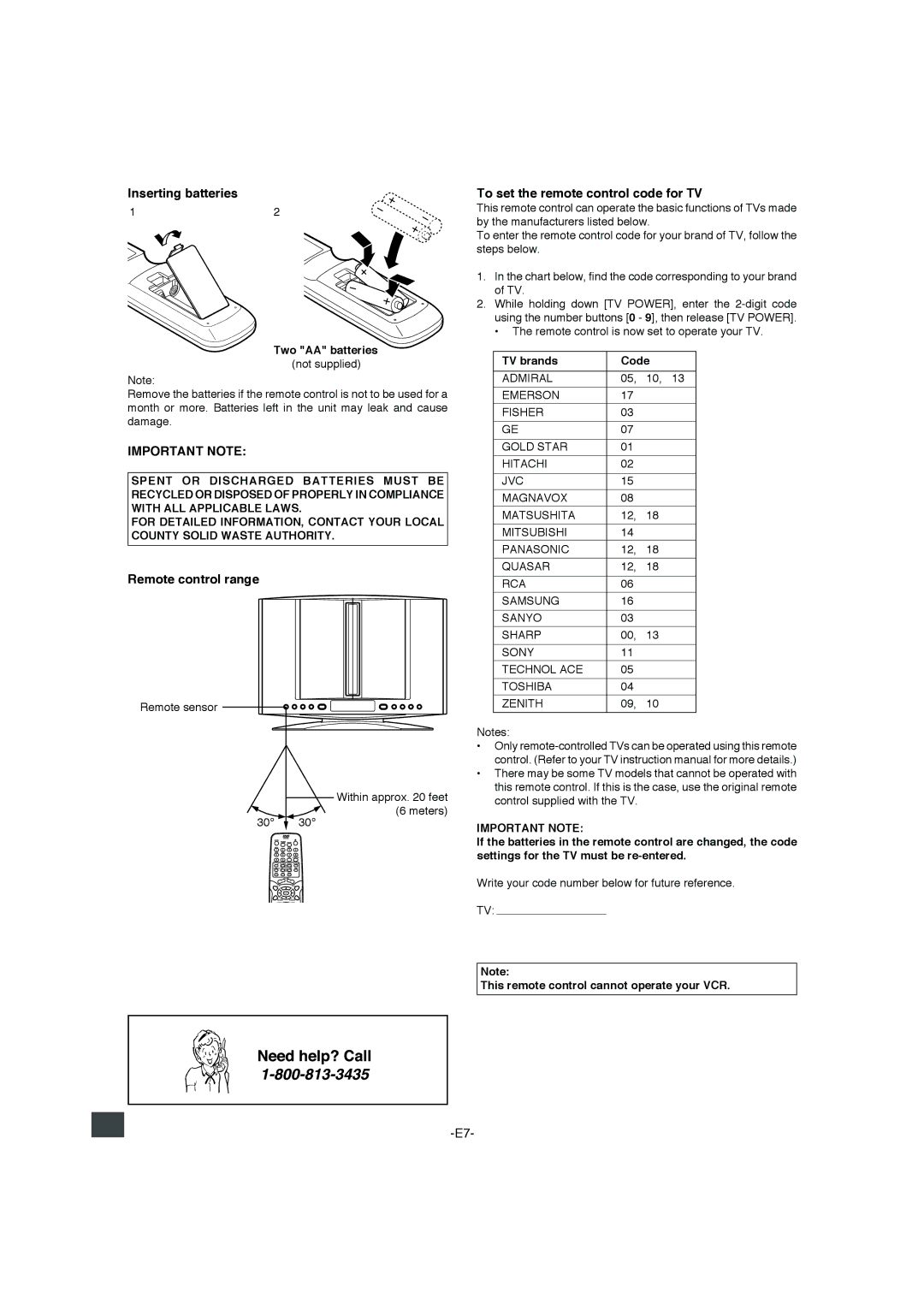 Sanyo DWM-4500 Inserting batteries, Important Note, Remote control range, To set the remote control code for TV 