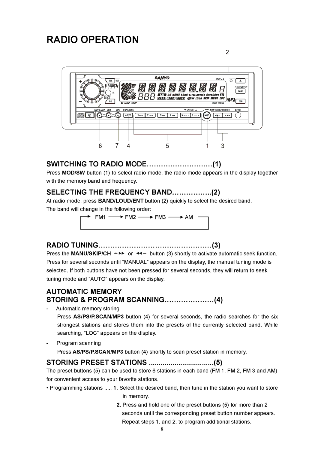 Sanyo ECD-T1560 manual Radio Operation, Switching to Radio MODE…………………….…1, Selecting the Frequency BAND……………..2 