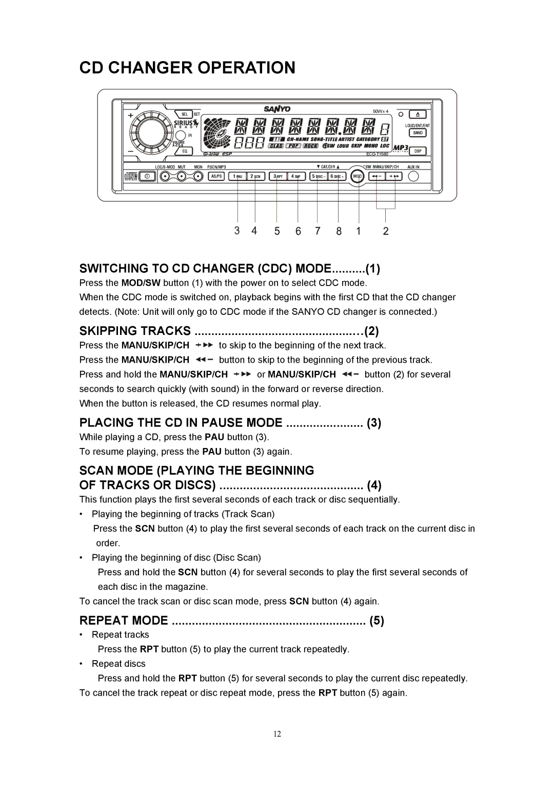 Sanyo ECD-T1560 CD Changer Operation, Switching to CD Changer CDC Mode, Scan Mode Playing the Beginning Tracks or Discs 