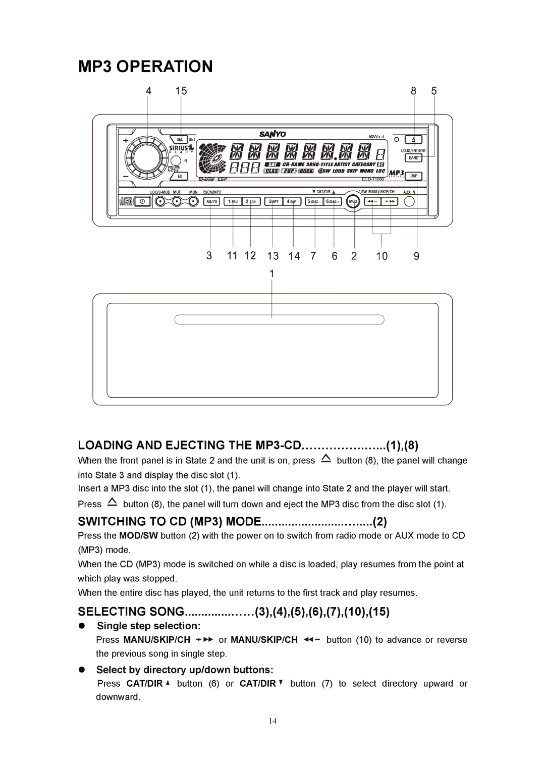 Sanyo ECD-T1560 MP3 Operation, Loading and Ejecting the MP3-CD…………….…...1,8, Selecting SONG..............……3,4,5,6,7,10,15 