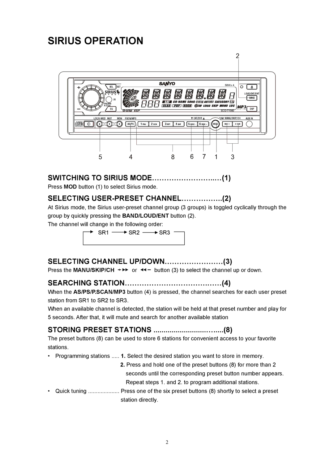 Sanyo ECD-T1560 manual Sirius Operation, Switching to Sirius MODE……………………..…1, Selecting USER-PRESET CHANNEL……………..2 