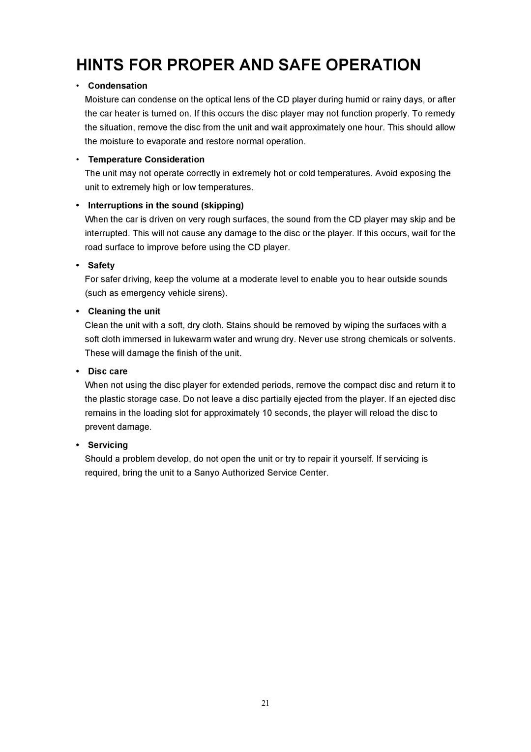 Sanyo ECD-T1560 manual Hints for Proper and Safe Operation 