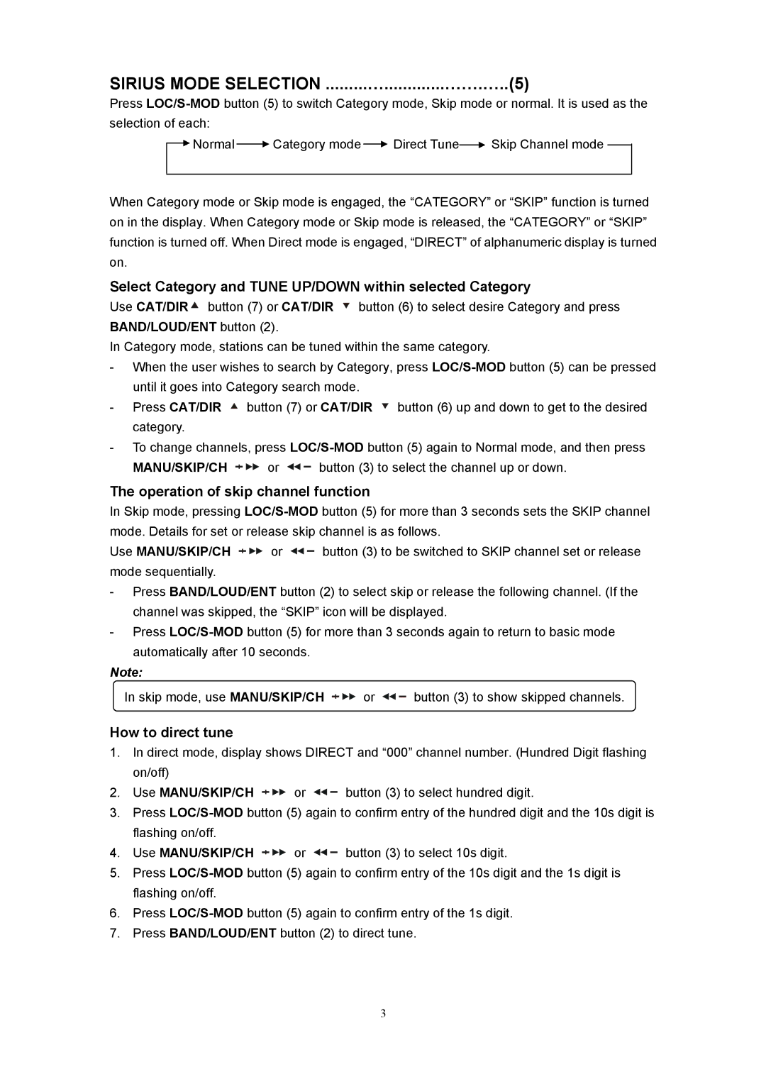 Sanyo ECD-T1560 manual Sirius Mode Selection .........….............…….…..5, Operation of skip channel function 