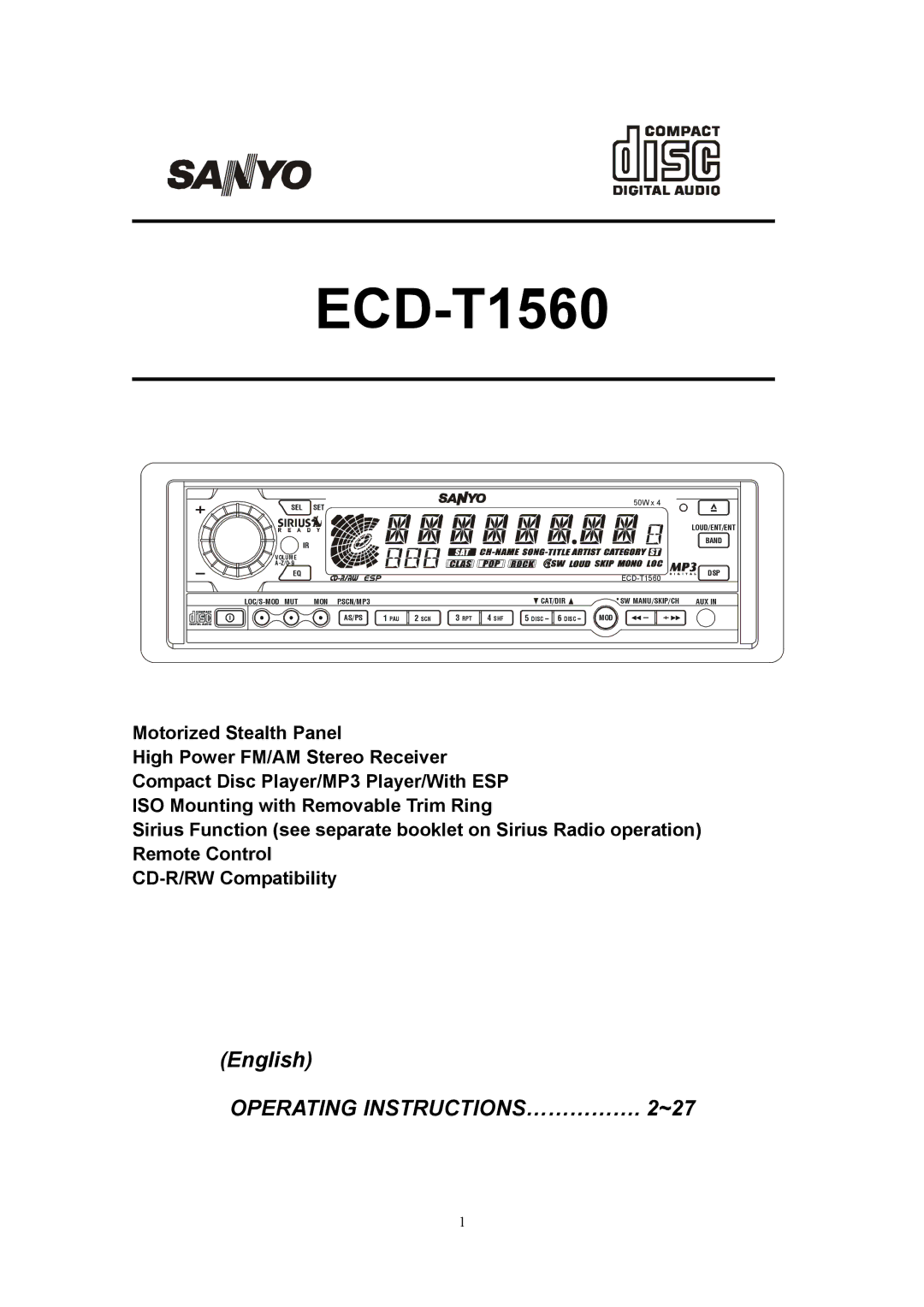 Sanyo ECD-T1560 manual Operating INSTRUCTIONS…………… ~27 