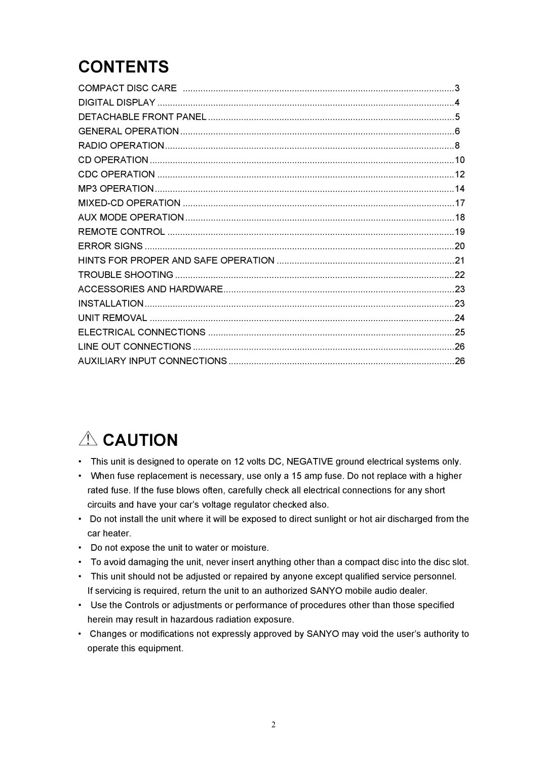 Sanyo ECD-T1560 manual Contents 