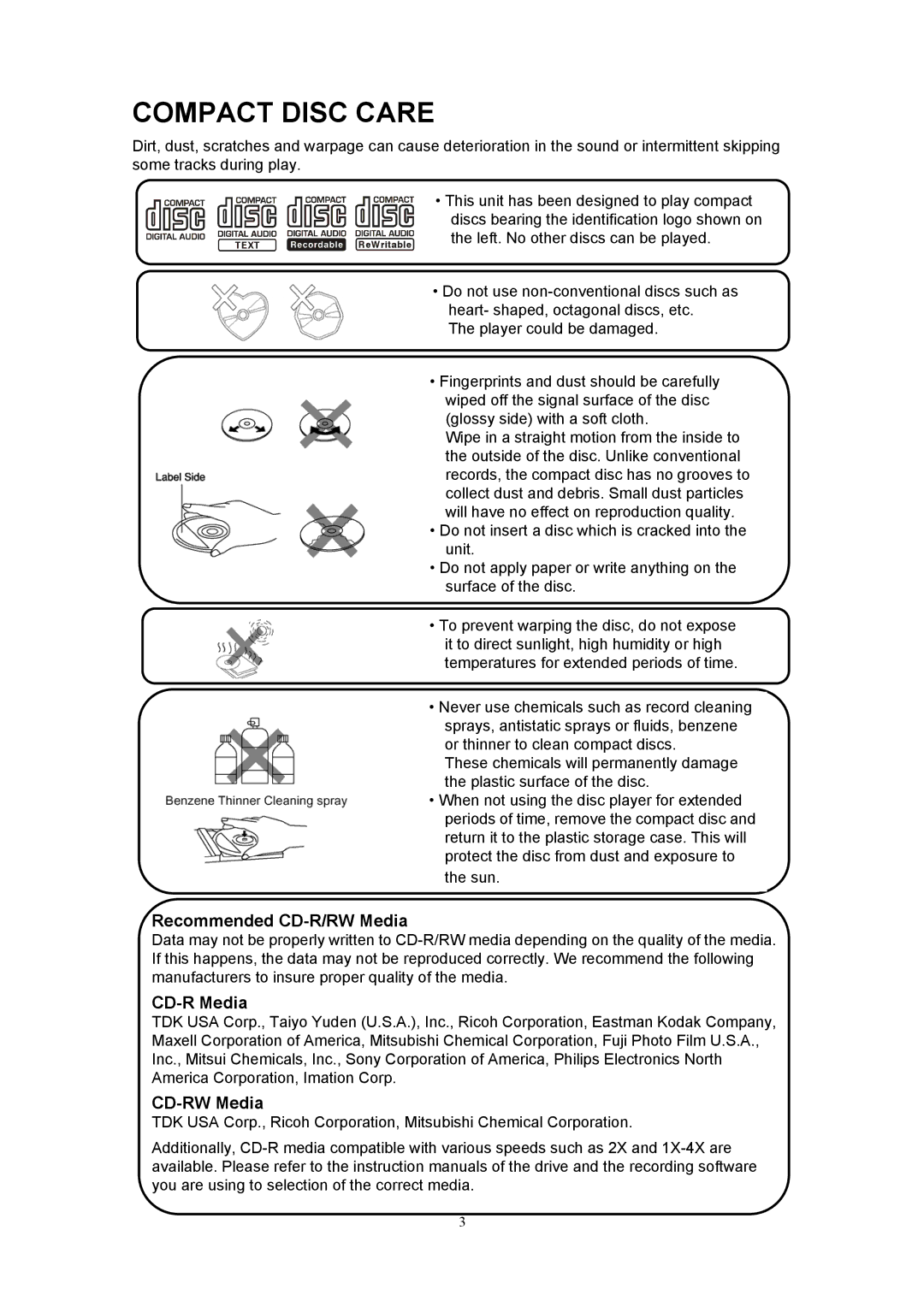 Sanyo ECD-T1560 manual Compact Disc Care, Recommended CD-R/RW Media, CD-R Media, CD-RW Media 