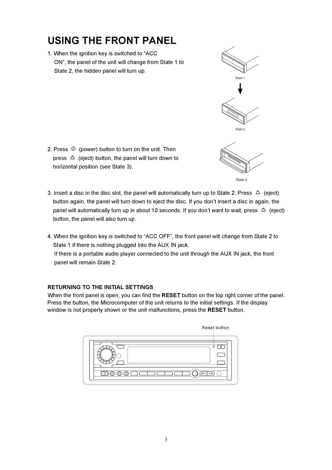 Sanyo ECD-T1560 manual Using the Front Panel, Returning to the Initial Settings 