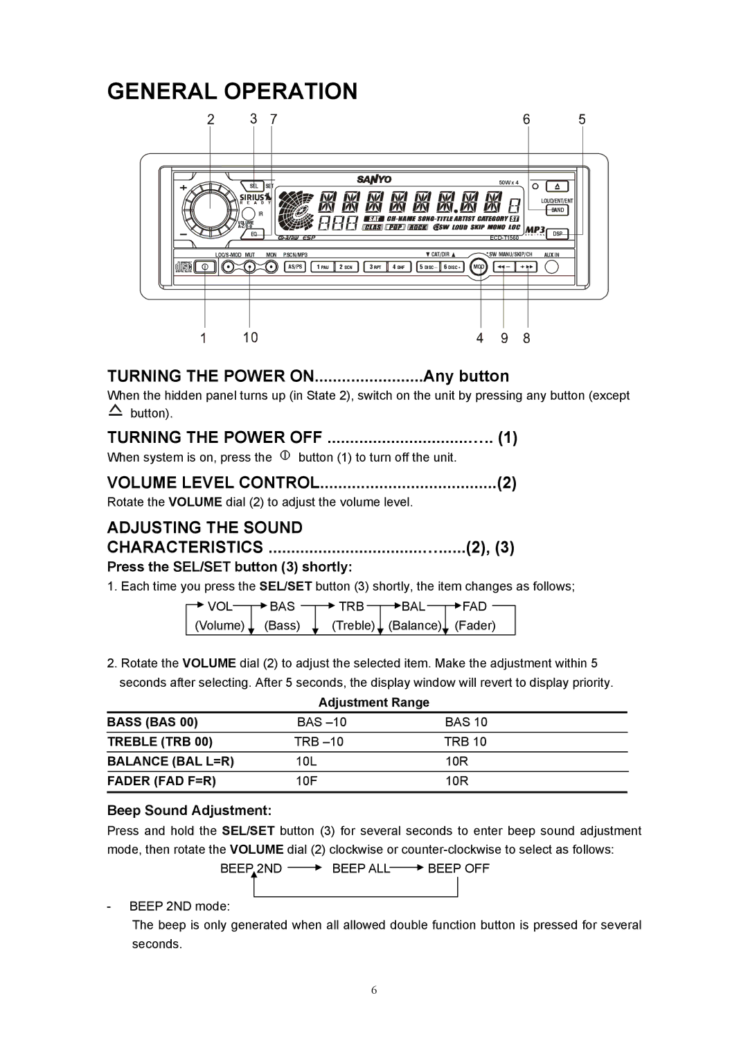 Sanyo ECD-T1560 manual General Operation, Turning the Power on, Volume Level Control, Adjusting the Sound 