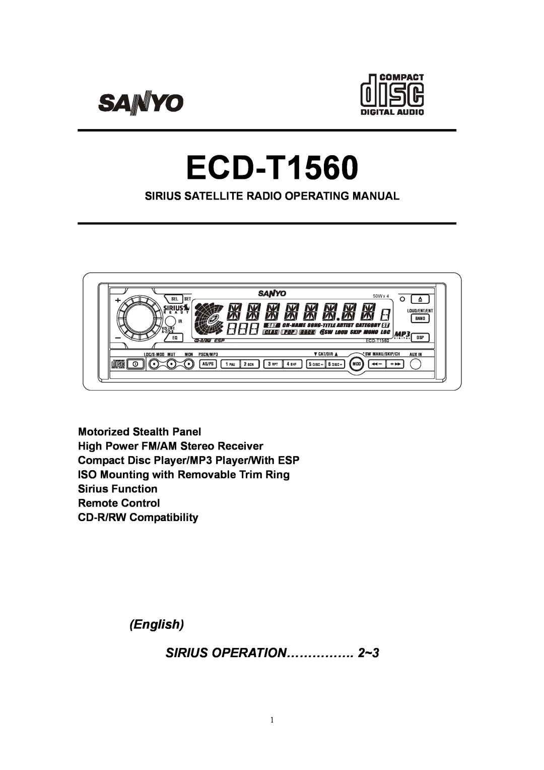 Sanyo ECD-T1560 manual English SIRIUS OPERATION……………. 2~3 