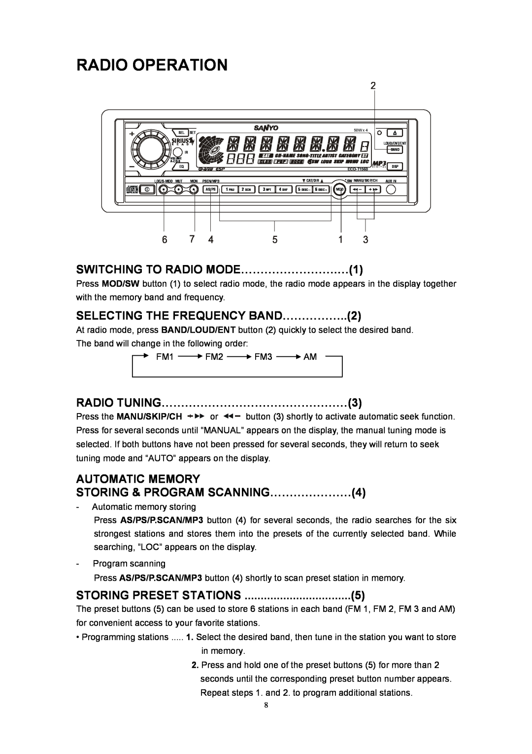 Sanyo ECD-T1560 manual Radio Operation, SWITCHING TO RADIO MODE…………………….…1, SELECTING THE FREQUENCY BAND……………..2 
