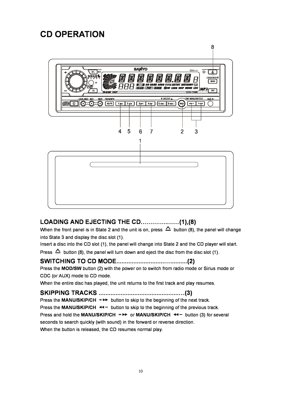Sanyo ECD-T1560 manual Cd Operation, LOADING AND EJECTING THE CD………….……1,8 