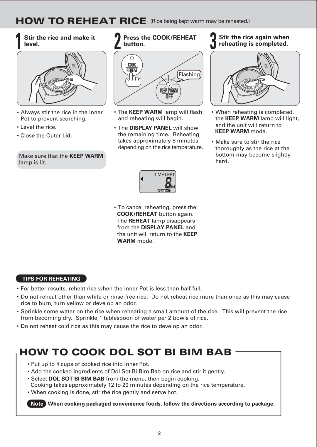 Sanyo ECJ-E35S instruction manual HOW to Cook DOL SOT BI BIM BAB, Tips for Reheating 