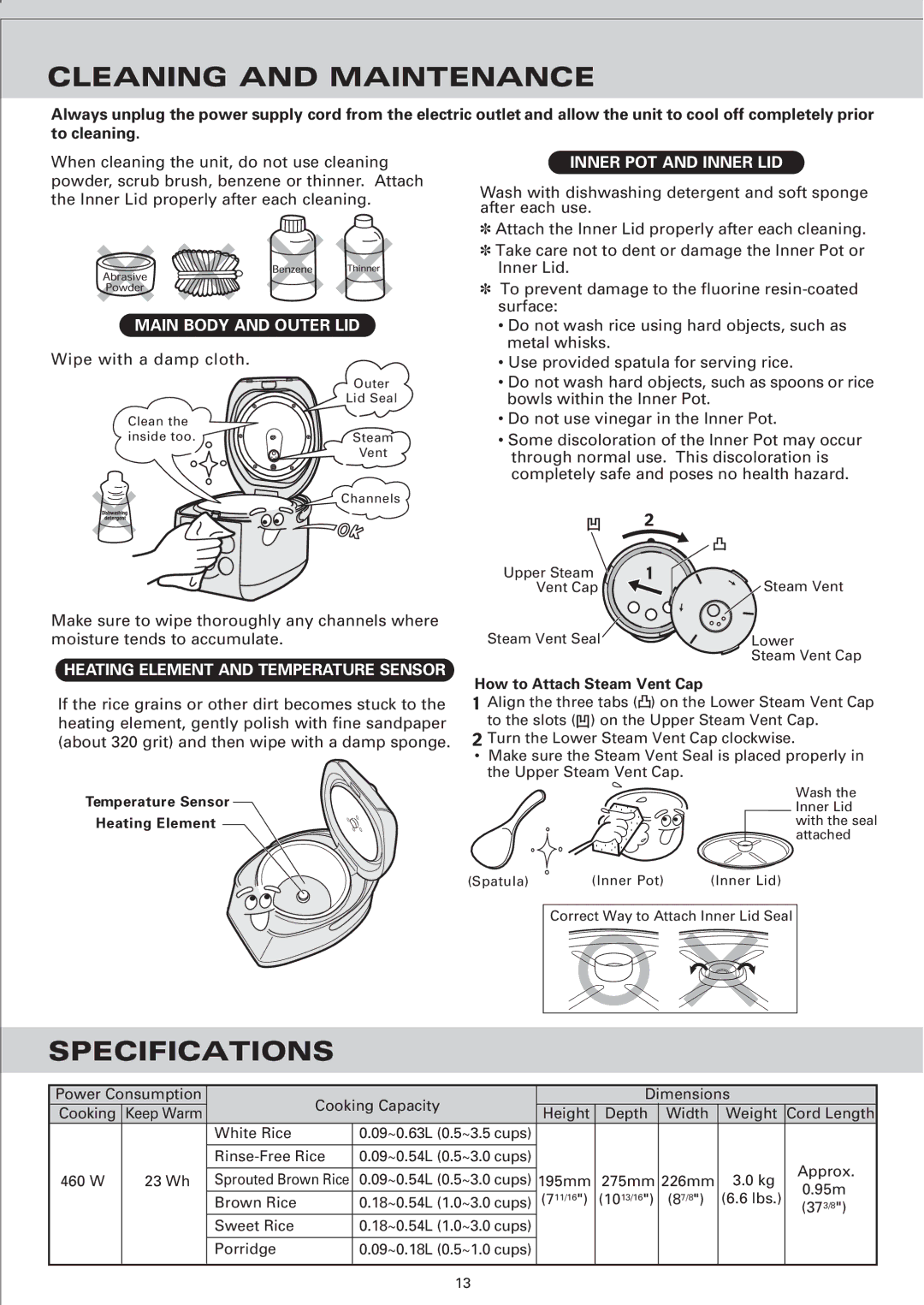 Sanyo ECJ-E35S Cleaning and Maintenance, Specifications, Main Body and Outer LID, Heating Element and Temperature Sensor 