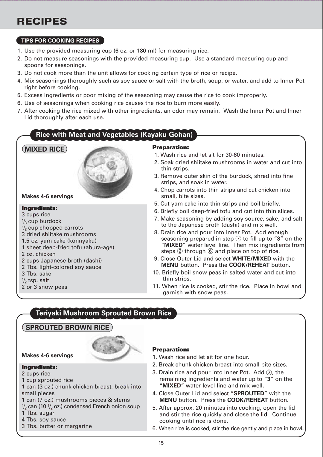 Sanyo ECJ-E35S instruction manual Tips for Cooking Recipes, Makes 4-6 servings Ingredients, Preparation 