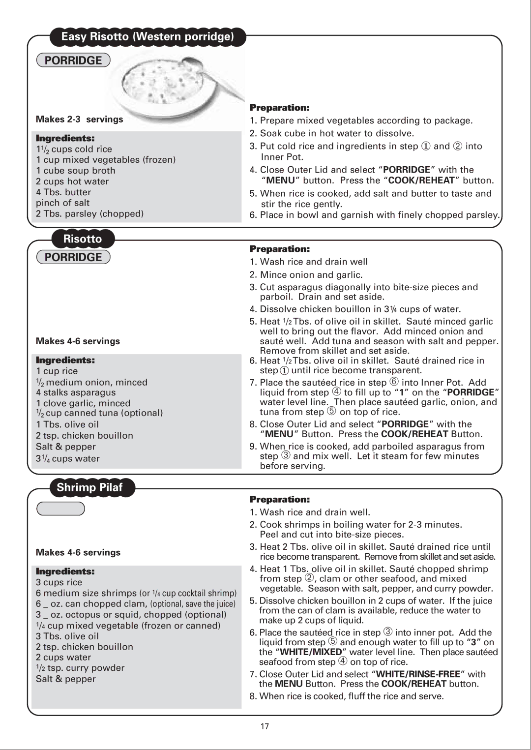 Sanyo ECJ-E35S instruction manual Shrimp Pilaf, Makes 2-3 servings Ingredients 